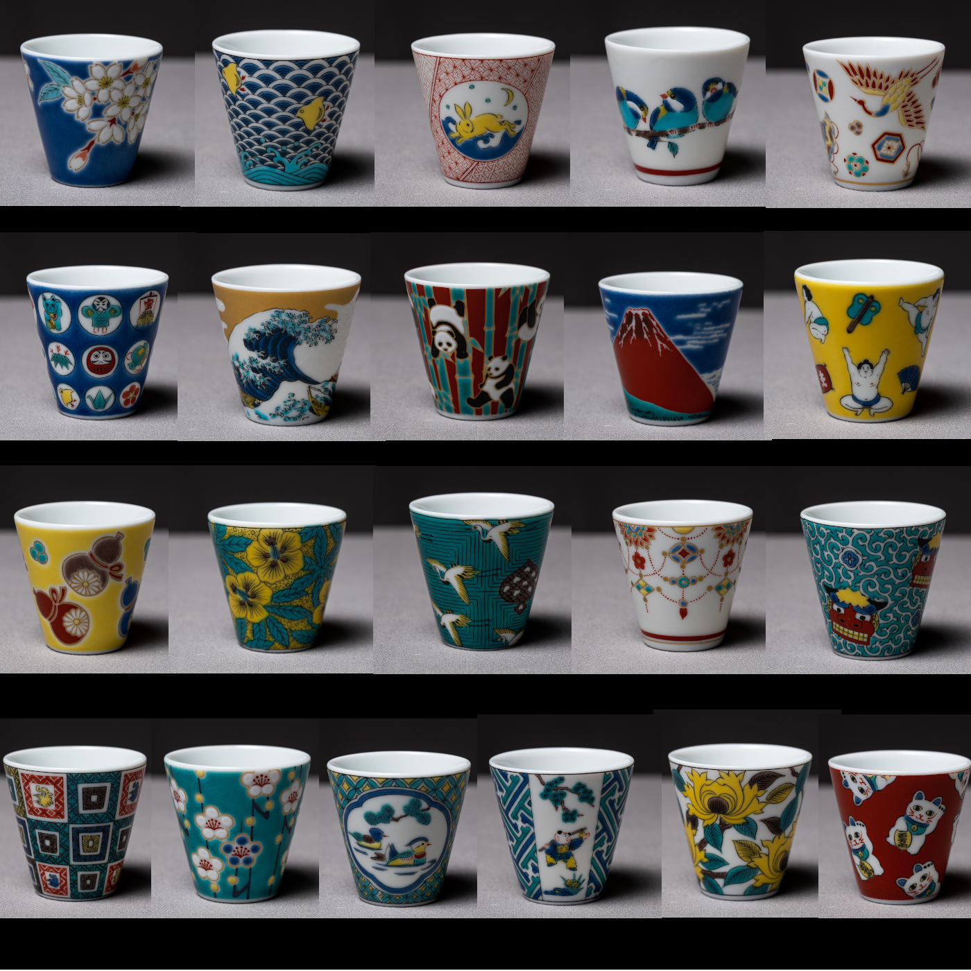 Kutani Design x Wakasa Porcelain Sake Cup Set - 30 Unique Japanese Ceramic Drinking Cups for Sake, Tea & Cocktails - Traditional Handcrafted Japanese Tea Ceremony & Home Bar Accessories