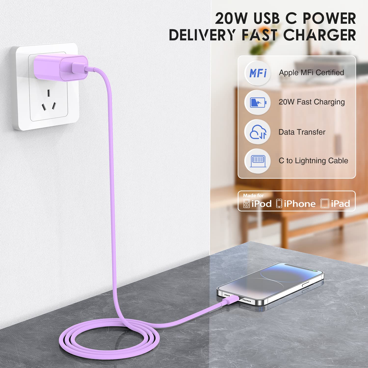 10ft Fast Charging iPhone Charger - 20W USB C Wall Charger with Type C to Lightning Cable for iPhone 14/13/12/11/Pro Max/Plus & iPad - 3 Pack Purple - Perfect for Home, Office & Travel