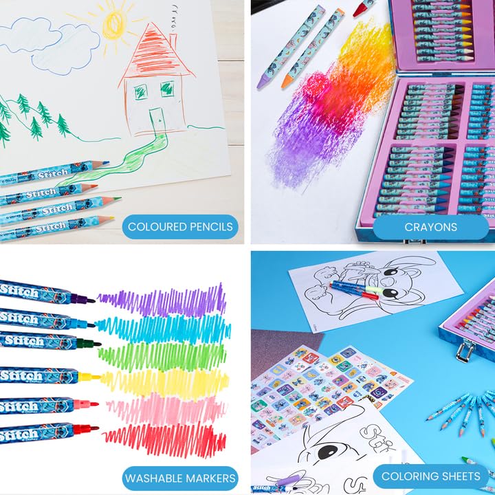 Disney Stitch Art Set for Kids - 130+ Pieces Frozen Coloring Pencils & Crayons, Princess Art Supplies, Creative Gift for Girls & Boys - Perfect for Birthday Parties, School Projects & Family Craft Time (Multi Stitch Collection)