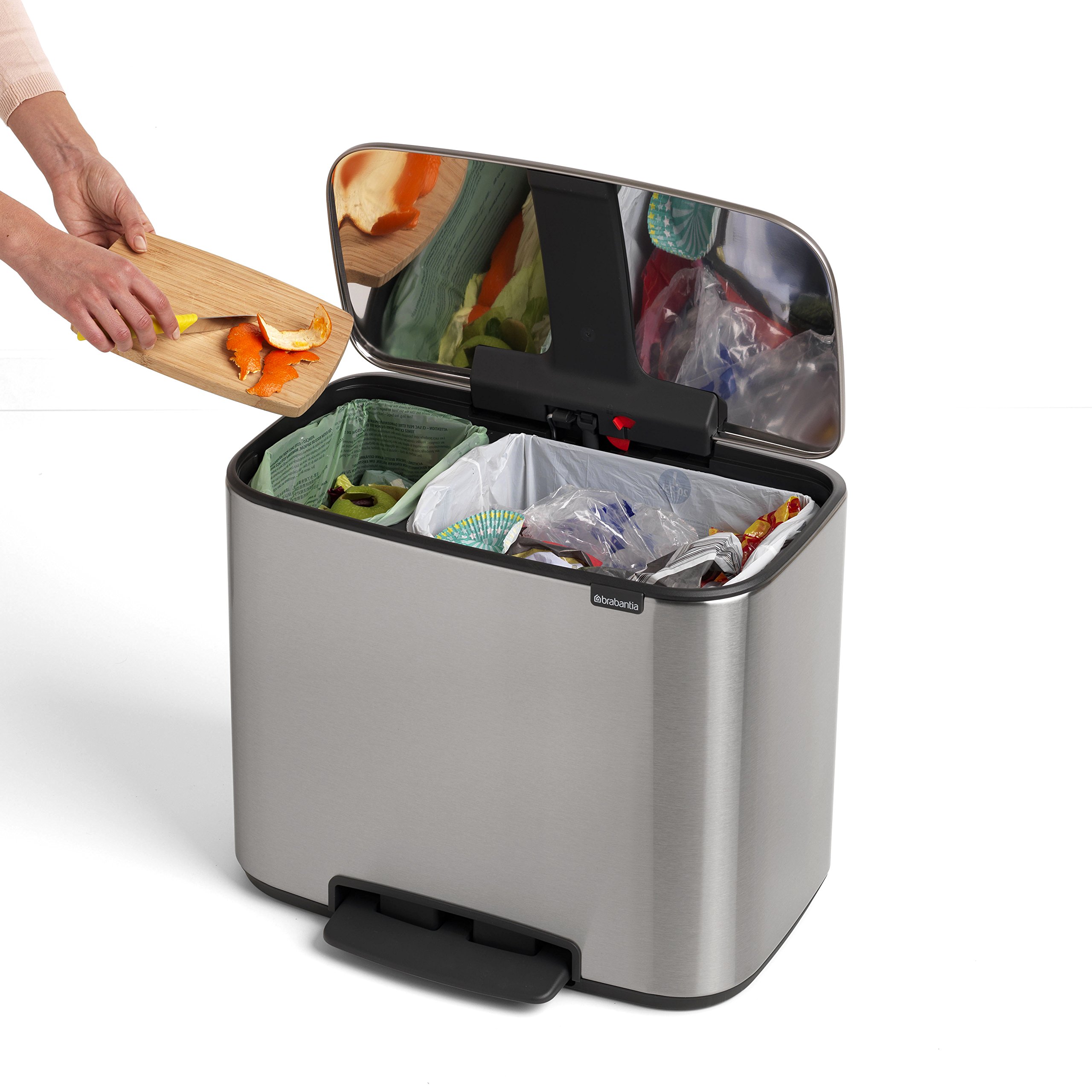 Brabantia Bo Step-On Pedal Trash Can - 3 & 6 Gallon Dual Compartment Waste & Recycling Bin with Removable Inner Buckets (Matt Steel) - Perfect for Kitchen, Office & Bathroom Organization
