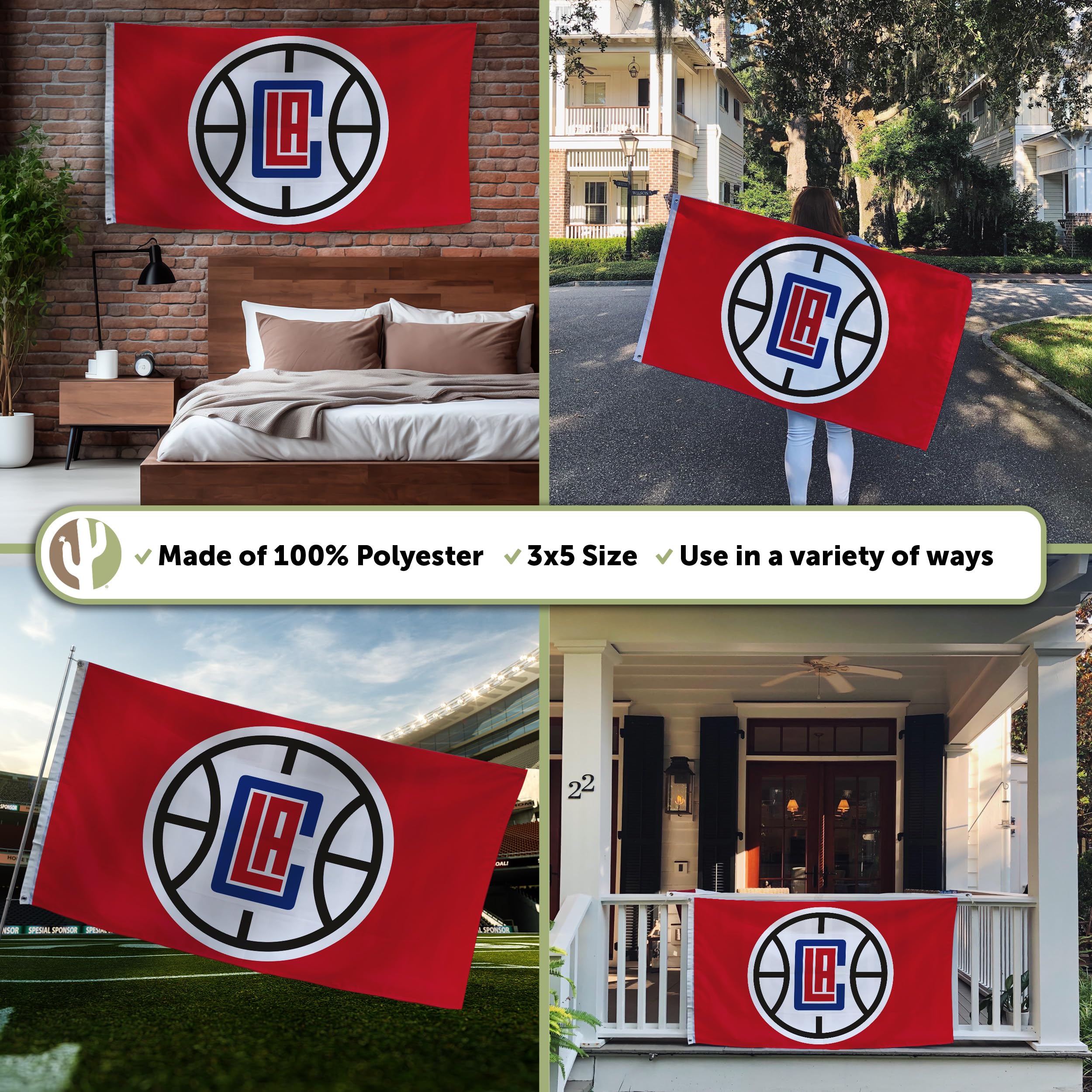 LA Clippers NBA Team Flag 3x5 ft - 100% Polyester Desert Cactus Design for Indoor & Outdoor Use - Perfect for Game Day Decor, Fan Cave, Sports Room, and Backyard Parties