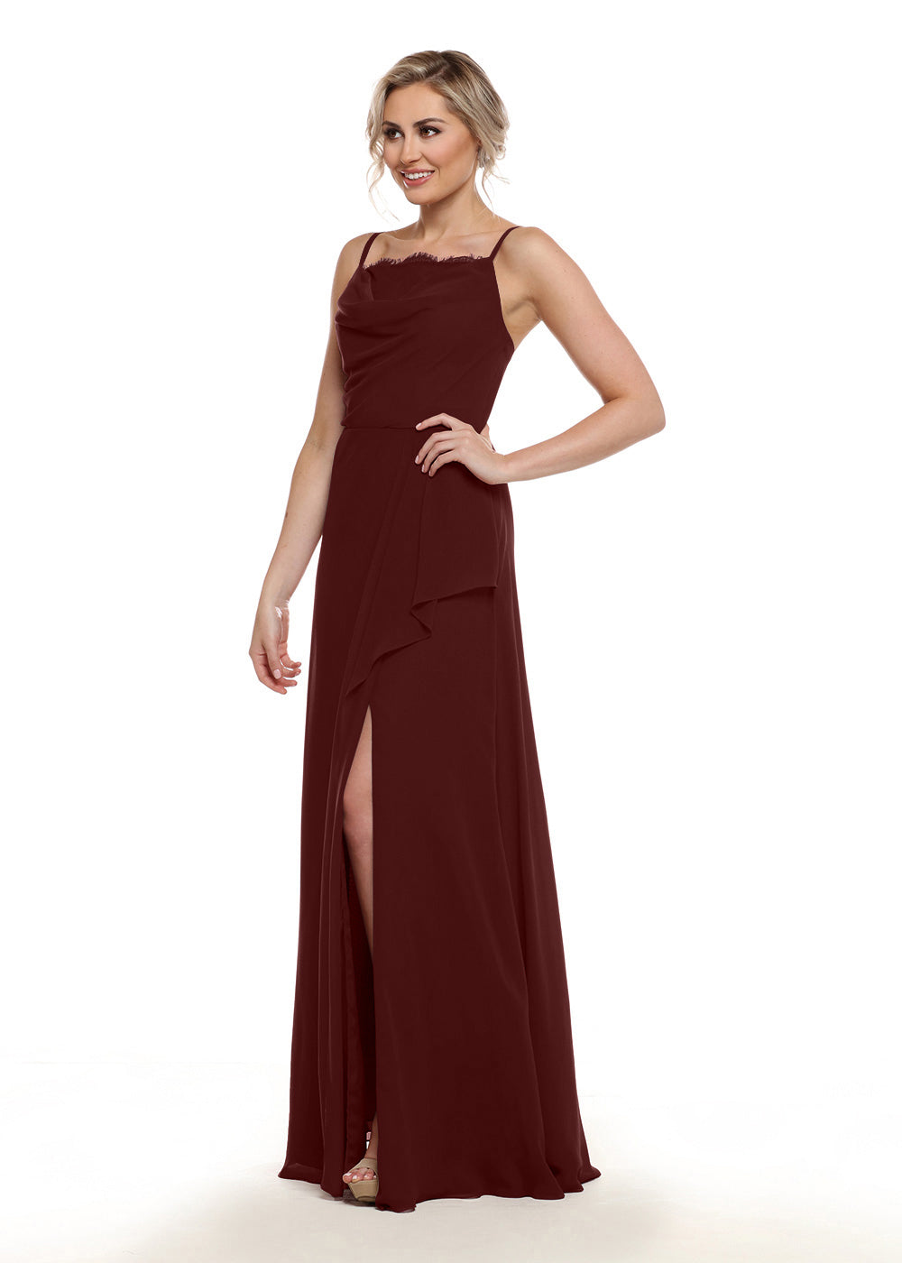 Elegant 80152 Chiffon A-Line Bridesmaid Dress with Lace Bodice & High Slit - Perfect for Weddings, Formal Events & Evening Parties