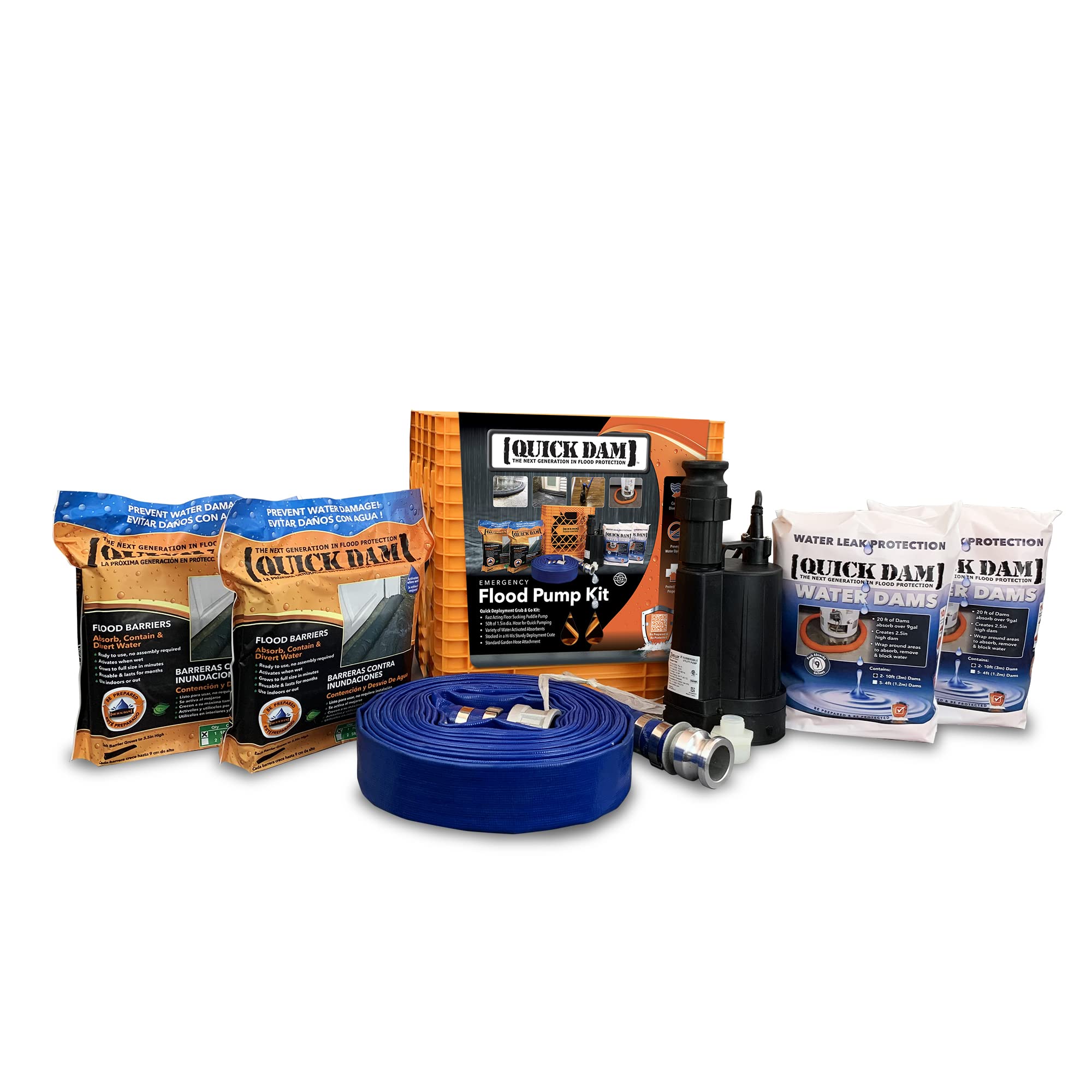 Quick Dam Emergency Flood Pump Kit - 7 Piece Set with Pump, Hose & Flood Barriers for Water Containment & Control | Ideal for Basements, Garages & Outdoor Use (QDPK3)