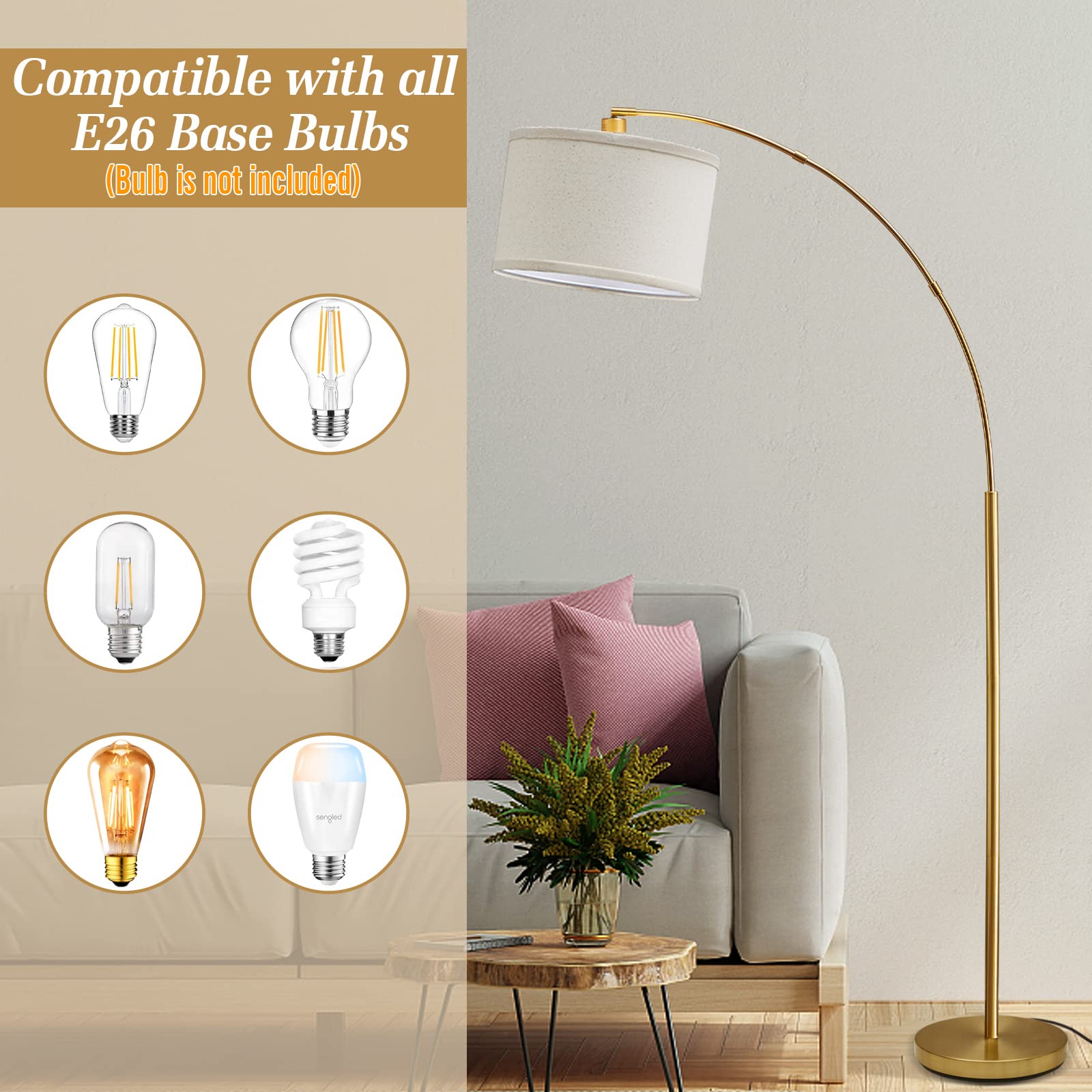 Modern Gold Arc Floor Lamp for Living Room - Adjustable Hanging Drum Shade with Tall Pole & Foot Switch - Over Couch Arched Reading Light for Bedroom, Office, Study - LED Bulb Not Included - Perfect for Cozy Reading Nooks & Contemporary Home Decor