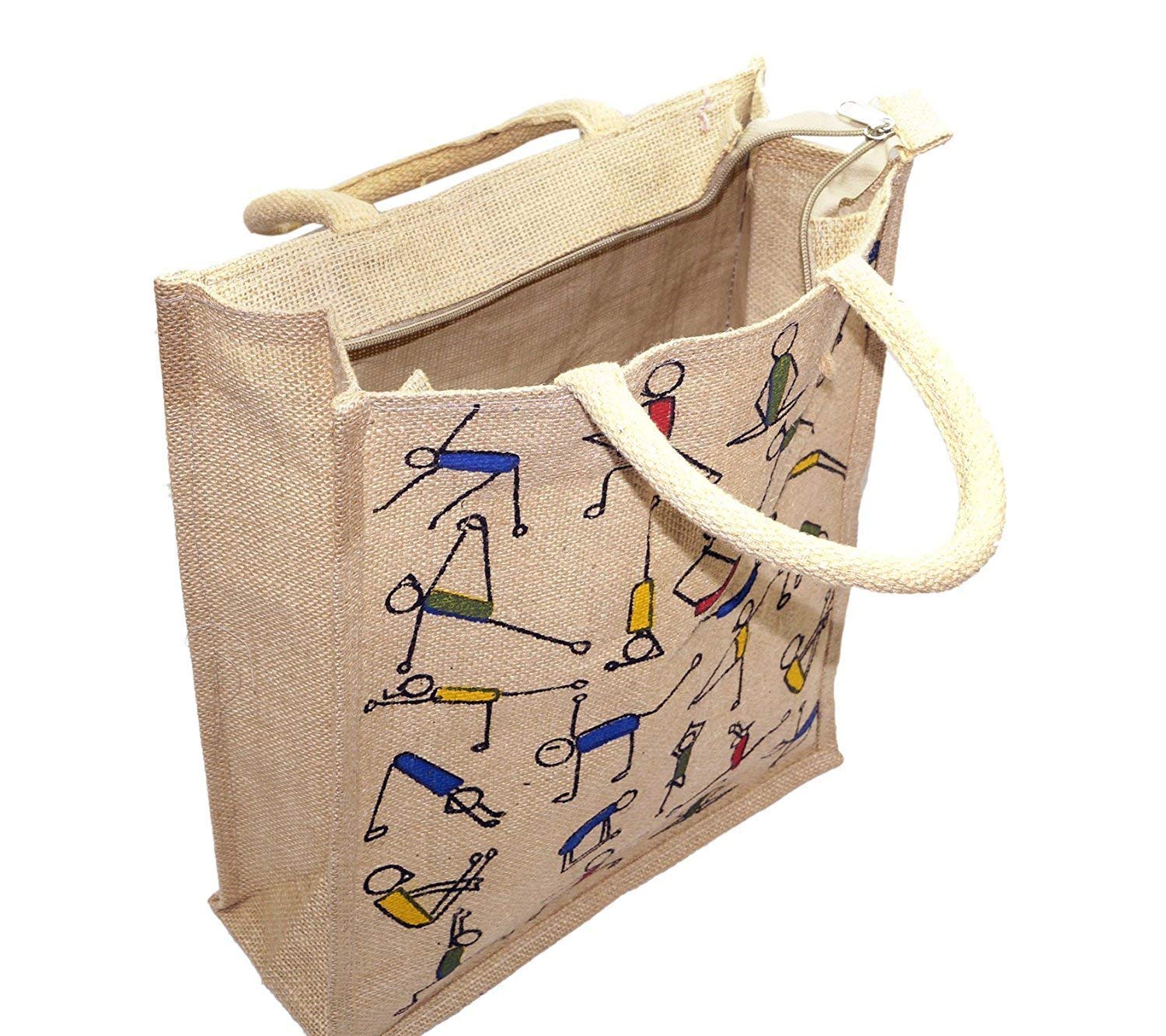 Eco-Friendly Jute Lunch Bags for Men & Women | Reusable Zippered Jute Shopping Tote with Yoga Print | Sustainable Tiffin Carrier & Grocery Bag | Pack of 2 | Perfect for Office, Picnics & Yoga Classes