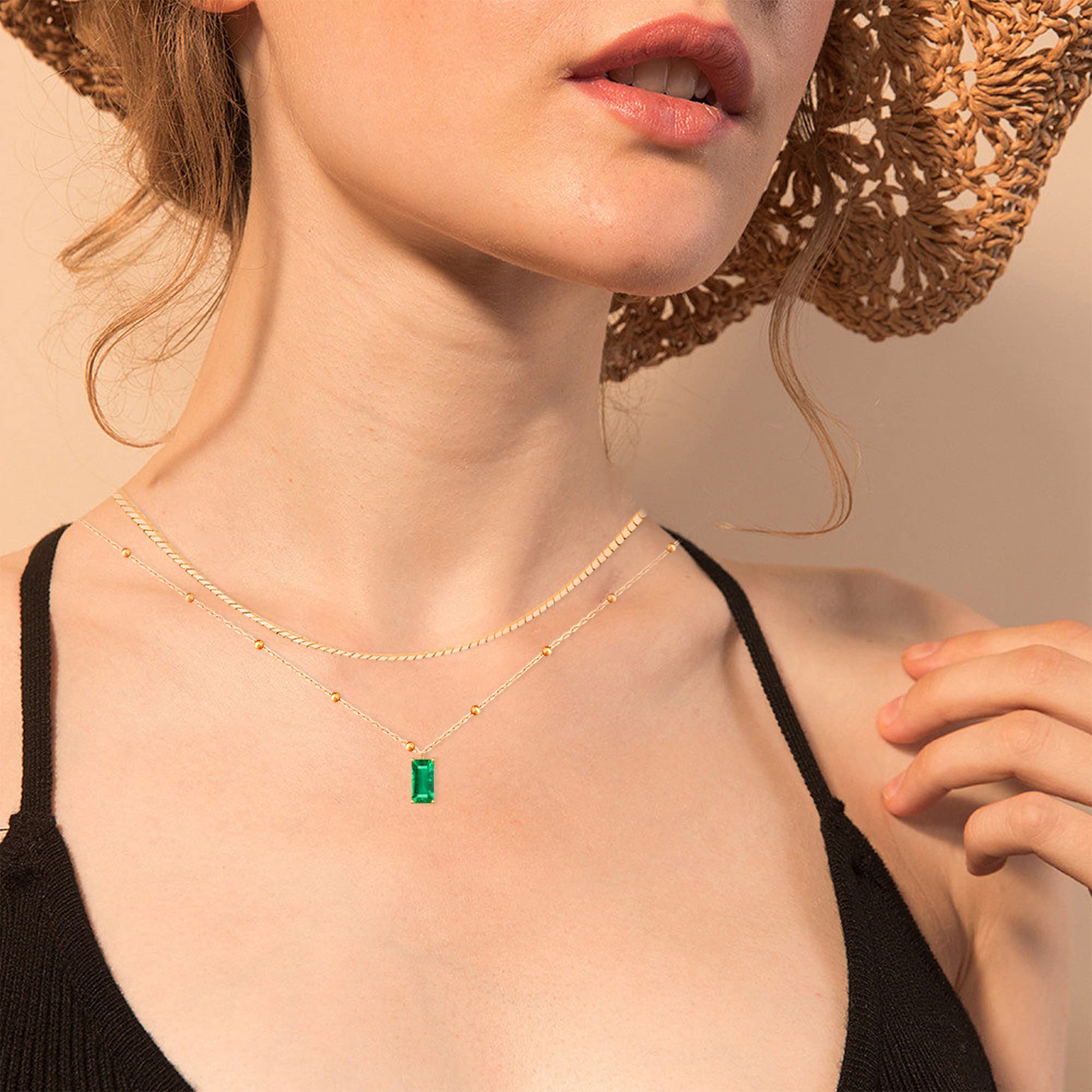 14K Gold Plated Emerald Rectangle Pendant Necklace for Women - Dark Green Layered Choker Jewelry, Perfect for Christmas Gifts, Date Nights & Layering Outfits