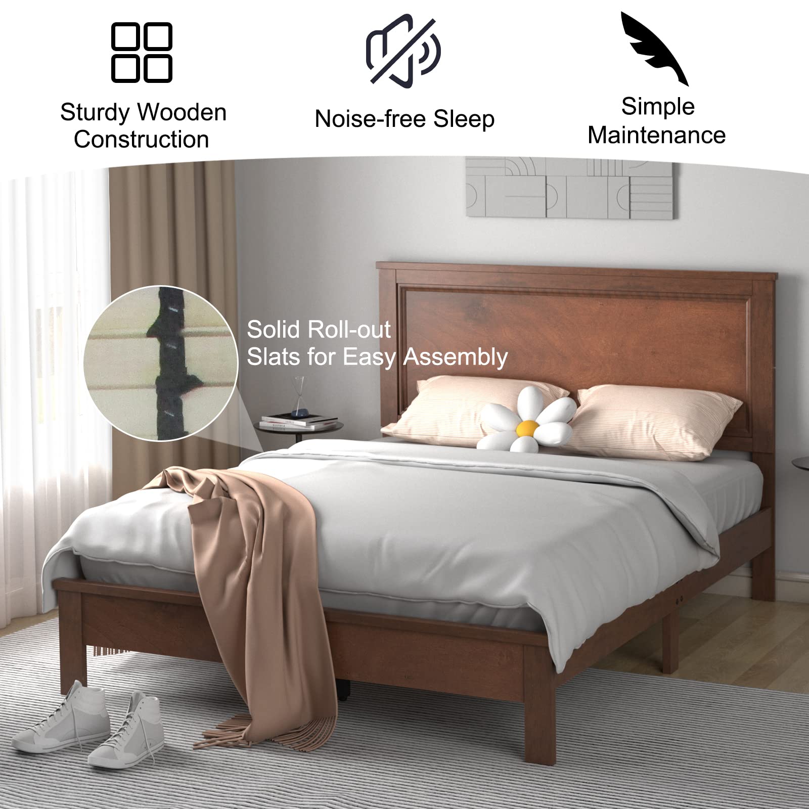 KOMFOTT Full Size Wood Platform Bed Frame with Headboard - Mid Century Modern Walnut Bed with Slat Support & Under Bed Storage - No Box Spring Needed - Perfect for Small Bedrooms, Guest Rooms & Apartments