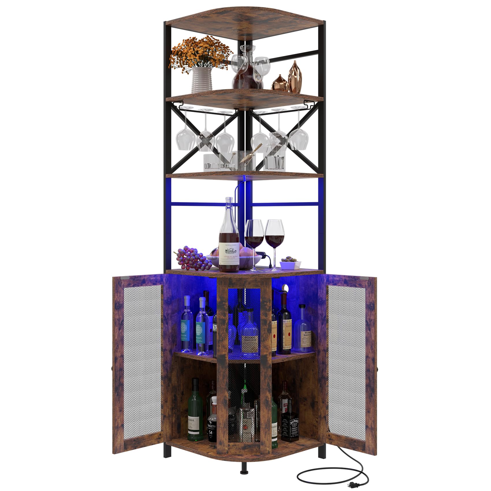 Industrial 6-Tier Wine Bar Cabinet with LED Lights, Power Outlet & Adjustable Glass Shelves - Corner Liquor Storage Cabinet for Home Bar, Dining Room or Christmas Gift