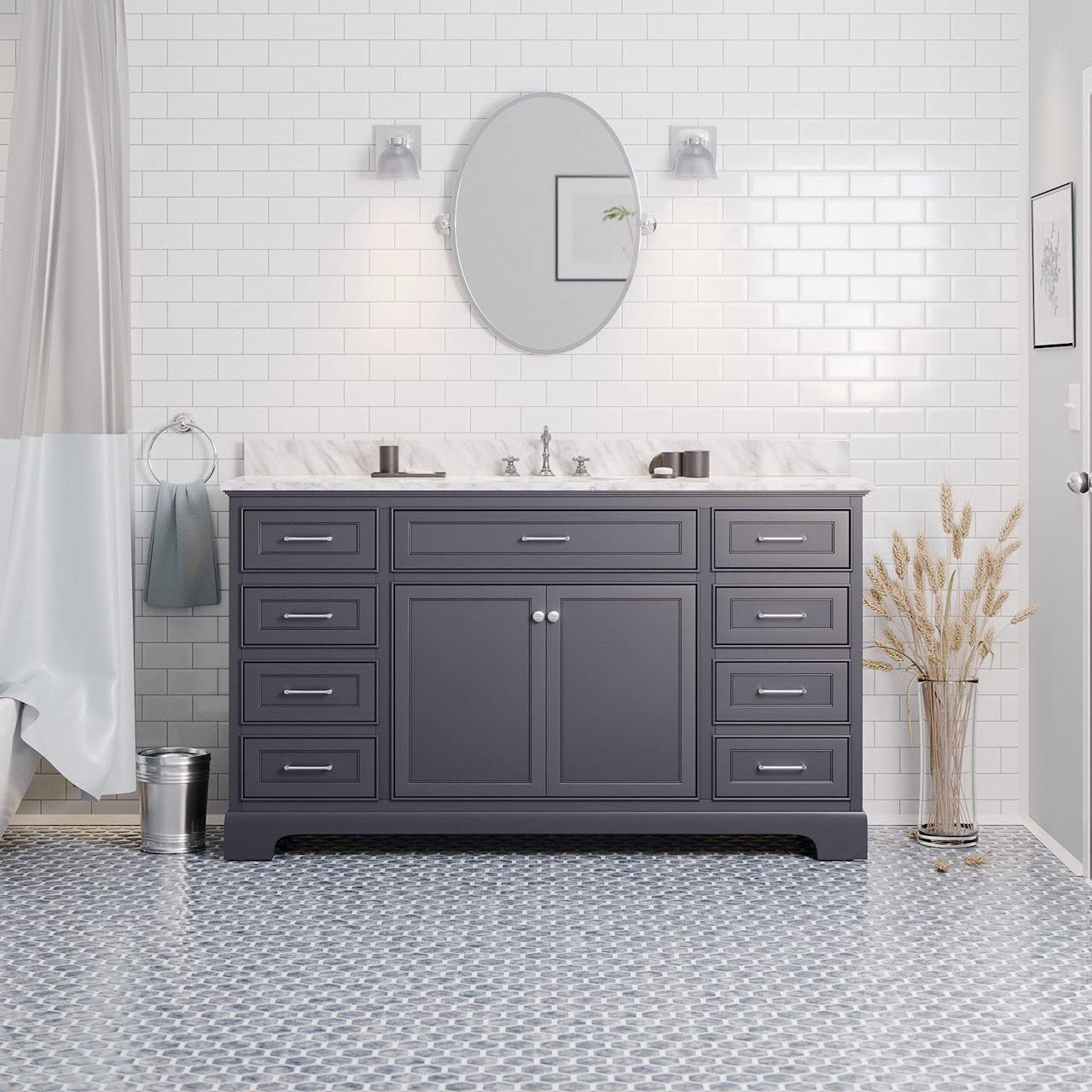 Aria 60-inch Single Bathroom Vanity with Carrara Marble Top & Ceramic Sink - Marine Gray Cabinet & Italian Marble Countertop - Perfect for Modern Bathroom & Powder Room Renovations