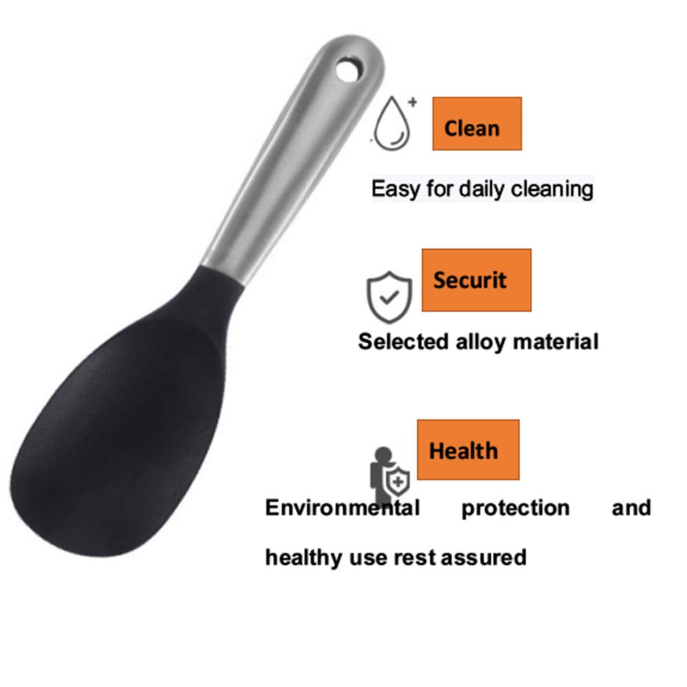 AKOAK Stainless Steel Silicone Rice Spoon - Non-Stick, Durable & Eco-Friendly Kitchen Utensil for Cooking Rice, Mashed Potatoes, Stirring & Serving - Perfect for Everyday Meals & Family Dining (Black, 1 Pack)