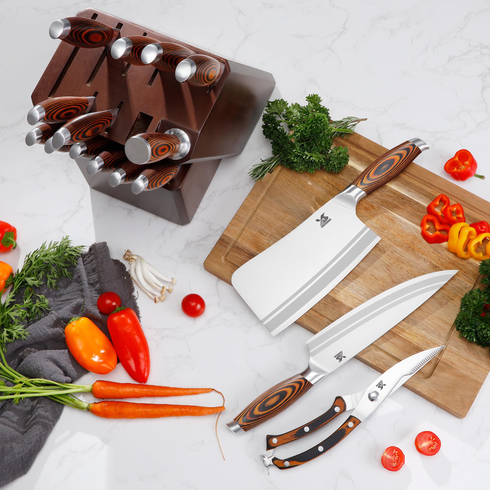 MSY BIGSUNNY 17-Piece German Steel Knife Set with Wooden Block - Professional Kitchen Cutlery Set for Chefs & Home Cooking - Perfect Gift for Weddings & Housewarming