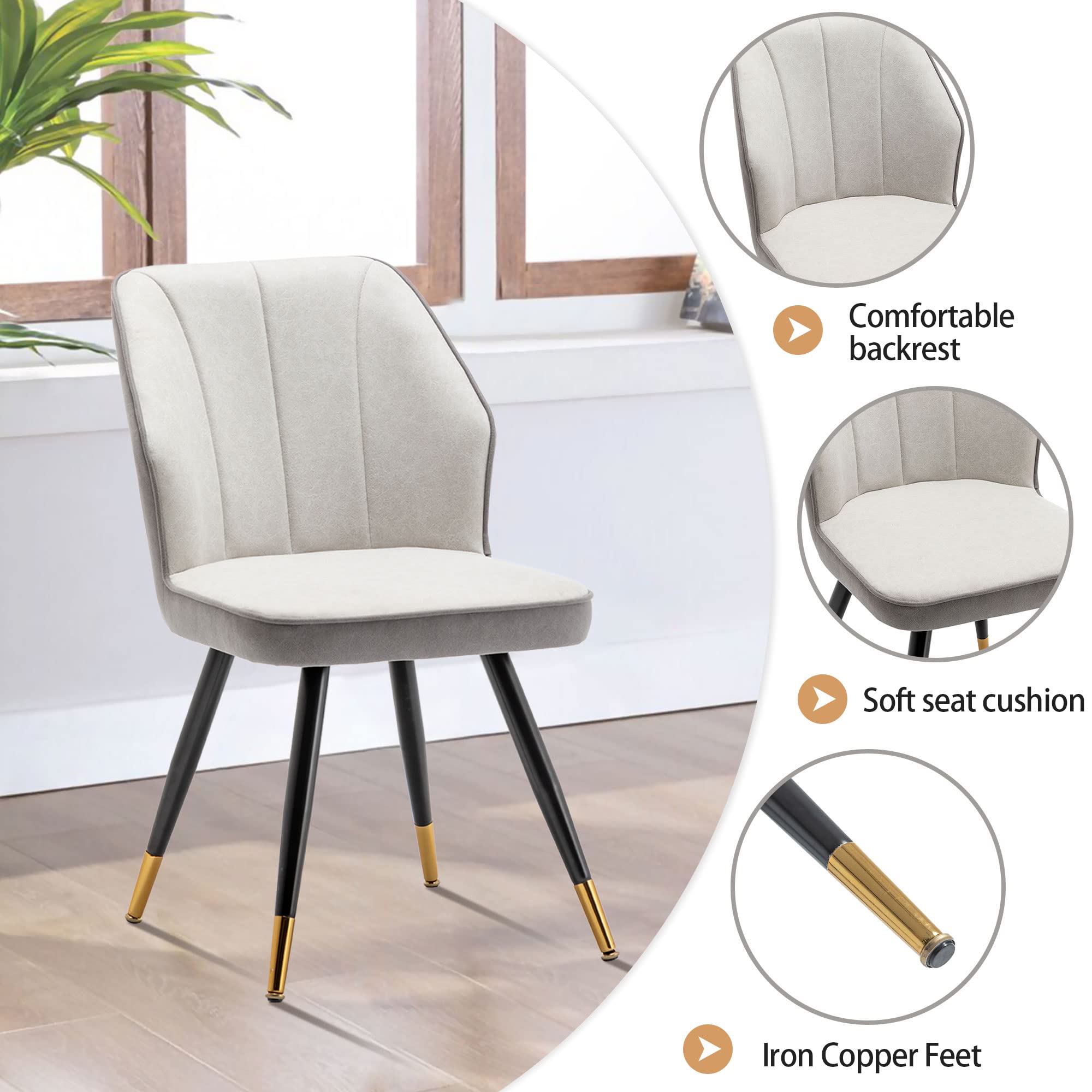 Andeworld Set of 2 Upholstered Dining Chairs - Mid Century Modern Faux Suede Armless Side Chairs with Golden Metal Legs for Dining Room, Living Room, Kitchen - Grey | Comfortable Seating for Home & Office