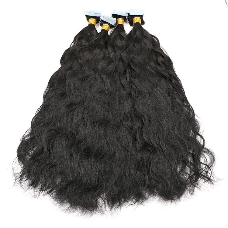 Long Natural Wavy Human Hair Extensions - Brazilian Remy Skin Weft Hair with Adhesive Tape (100g, 40pcs, 30inch, Jet Black) for Styling, Volume & Length - Perfect for Parties, Weddings & Daily Wear