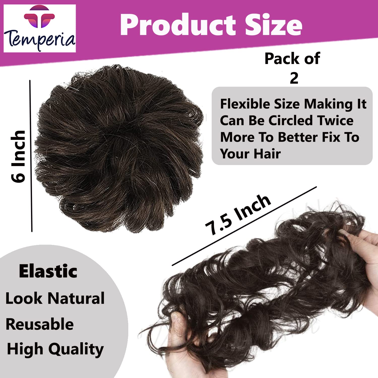 TEMPERIA (2-Pack) Women's Hair Bun Maker & Extension - Stylish Juda Hair Buns, Messy Bun Donut, Fake Hair Scrunchies with Elastic Band - Natural Brown - Perfect for Updos, Ponytails & Everyday Hairstyles