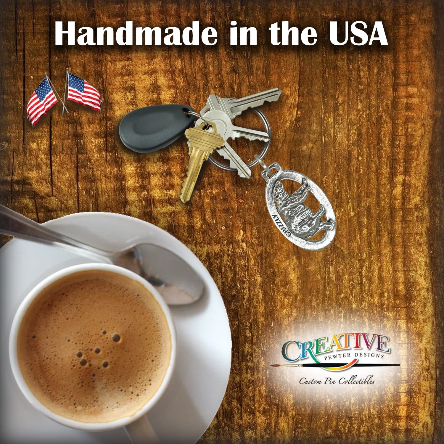 Handmade Pewter Grizzly Bear Keychain - 2