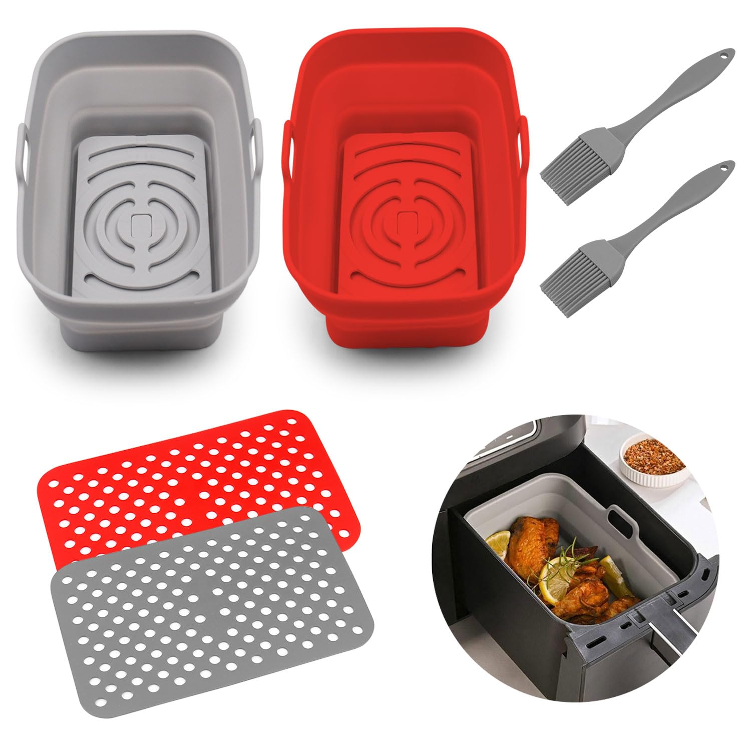 2-Pack Air Fryer Silicone Liners with Non-Slip Mats & Cleaning Brushes - Compatible with Ninja Foodi DualZone DZ401, DZ201 - Perfect for Baking, Roasting & Easy Cleanup