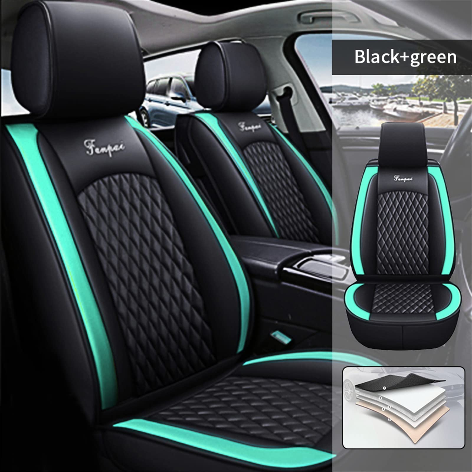 Waterproof Leather Car Seat Covers Full Set for Kia Soul EV 2015-2019 - Front & Rear Seat Protectors, Black & Green (CT08) | Perfect for Daily Commuting, Road Trips & Pet Protection