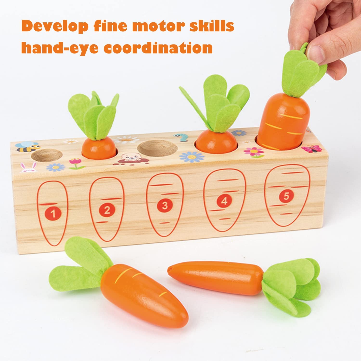 Montessori Wooden Carrot Shape Sorting & Matching Game - Fine Motor Skills Learning Toy for Toddlers 1-3 Years Old | Preschool Educational Gift for Boys & Girls | Perfect for Classroom, Daycare & Homeschooling Activities