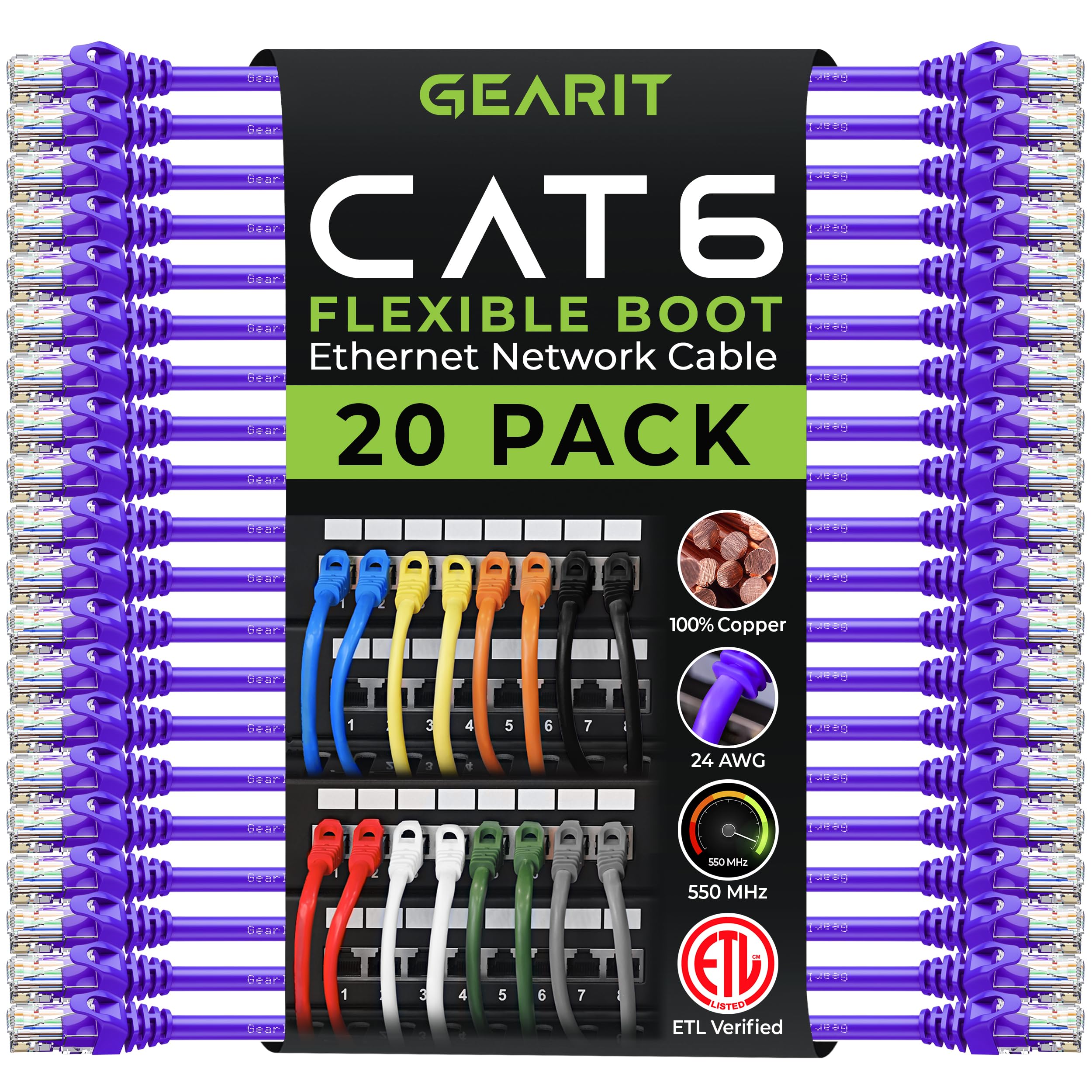 GearIT Cat6 Ethernet Cable 3ft (0.9m) - High Speed 550MHz Network Patch Cable, Snagless RJ45 Connectors, 24AWG, UTP, 250MHz Bandwidth - Perfect for Home Office, Gaming, and Server Room Setup (Purple)