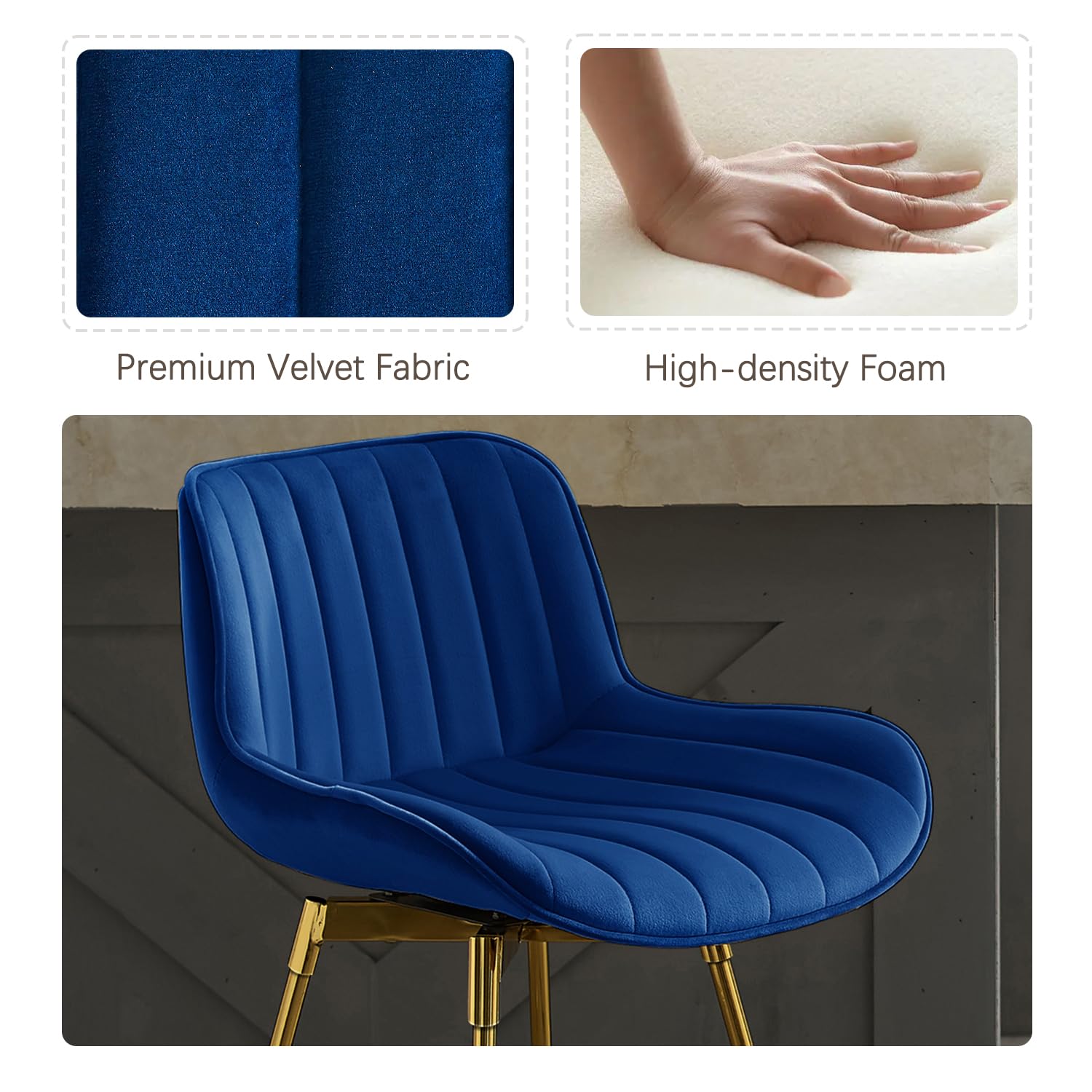 Zouron Swivel Bar Stools Set of 2 - Counter Height Kitchen Island Stools with Back & Gold-Plated Metal Legs, Velvet Upholstered Bar Chairs in Blue - Perfect for Kitchen, Dining Room & Home Bar Decor