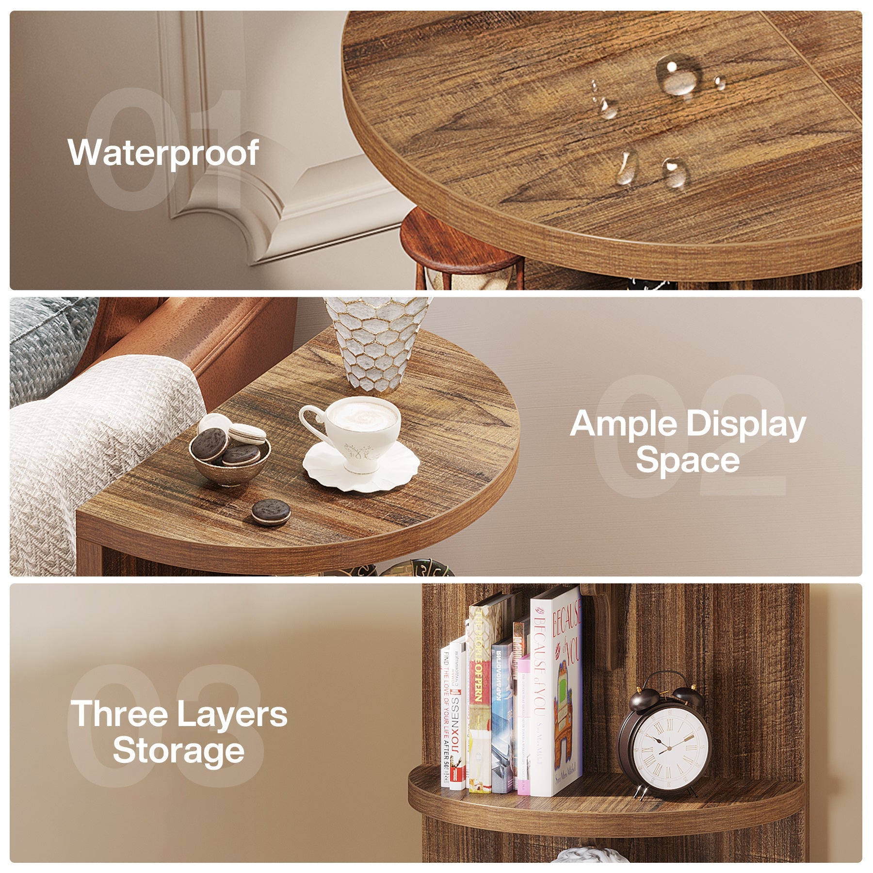 3 Tier Half Round End Table - Semi Circular Side Table for Living Room, Bedroom, or Office - Stylish and Space-Saving Accent Table for Small Spaces