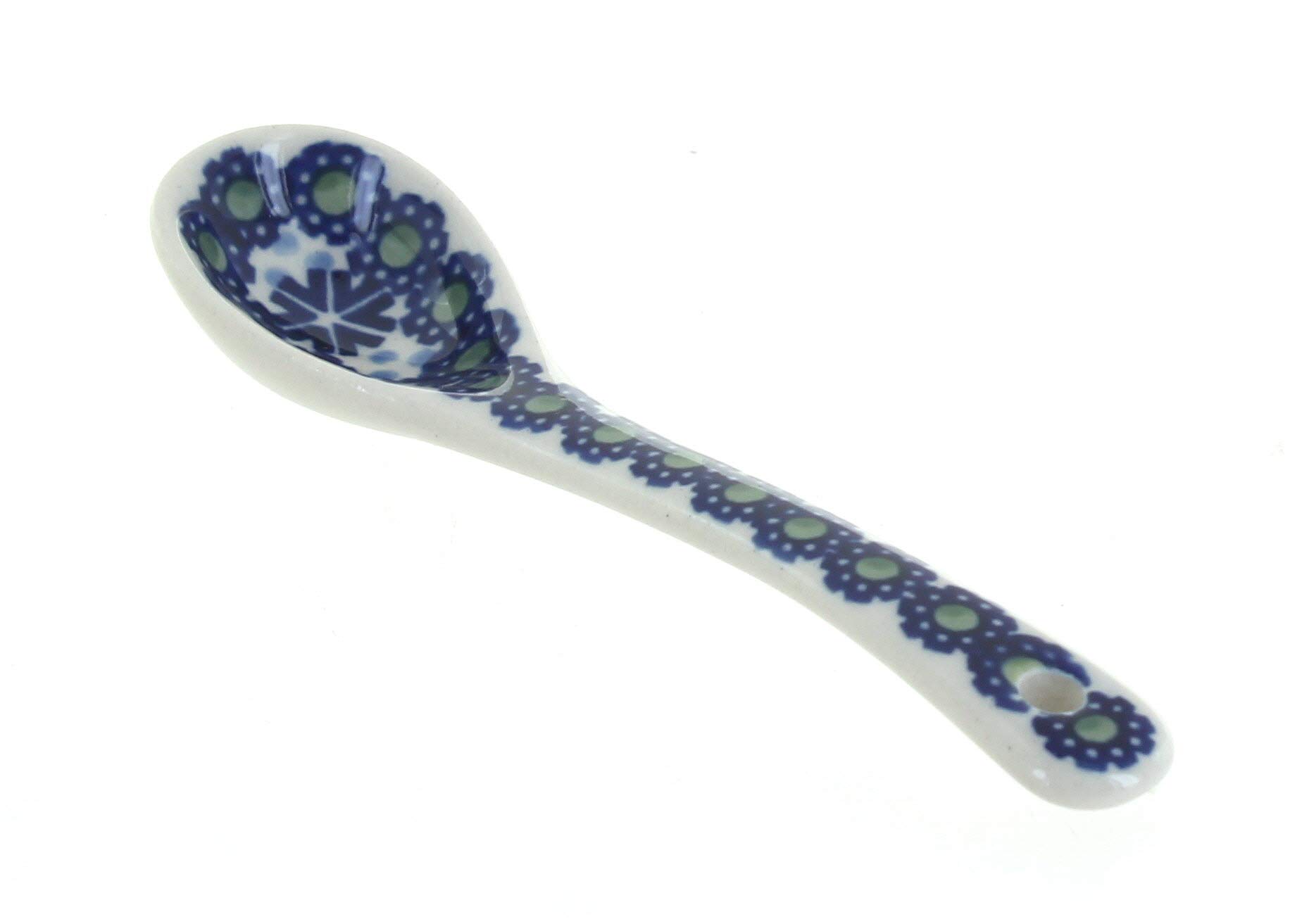 Handmade Blue Rose Polish Pottery Sugar Spoon - Festive Fir Design - Perfect for Tea, Coffee & Dessert Serving - Elegant Gift for Holidays & Special Occasions