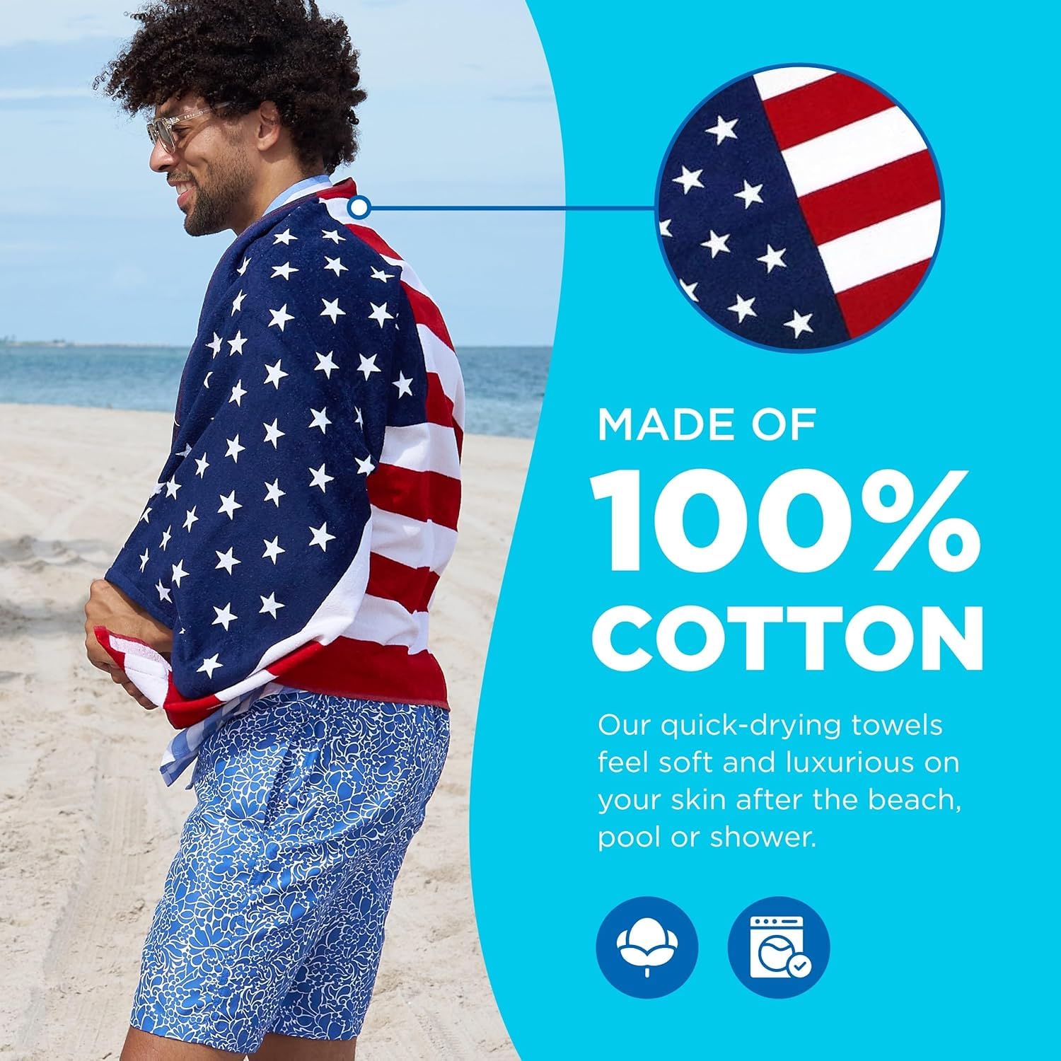 Kaufman Printed Beach and Pool Towel Set - 100% Cotton, 30x60 Inches, American Flag & 100 Dollar Bill Design - Perfect for Swimming, Sunbathing, and Patriotic Outdoor Activities