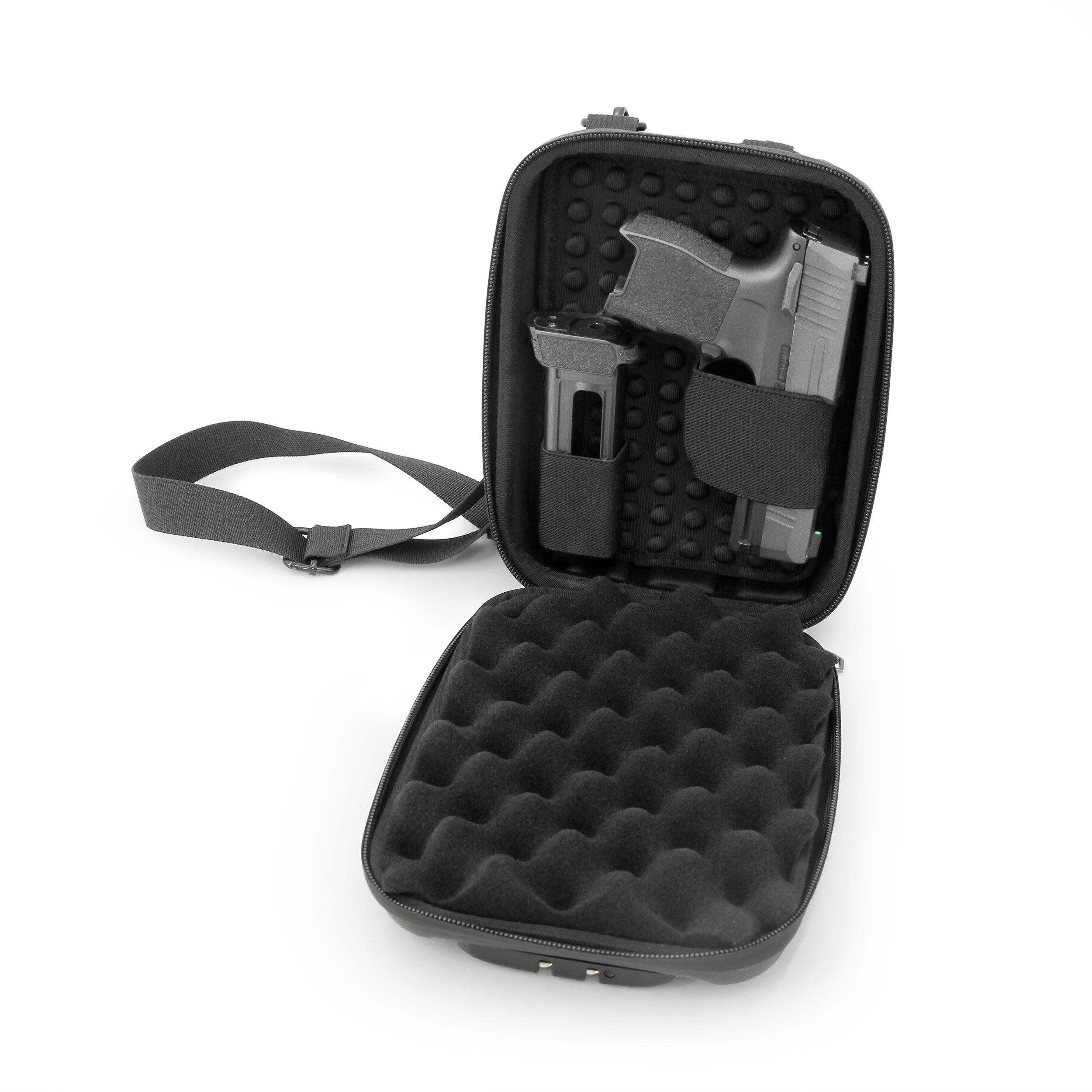 CASEMATIX Concealed Carry Locking Pistol Case for 9mm Handguns & Extra Magazines - Portable EVA Water Resistant Gun Bag with Shoulder Strap - Ideal for Range, Travel & Secure Storage