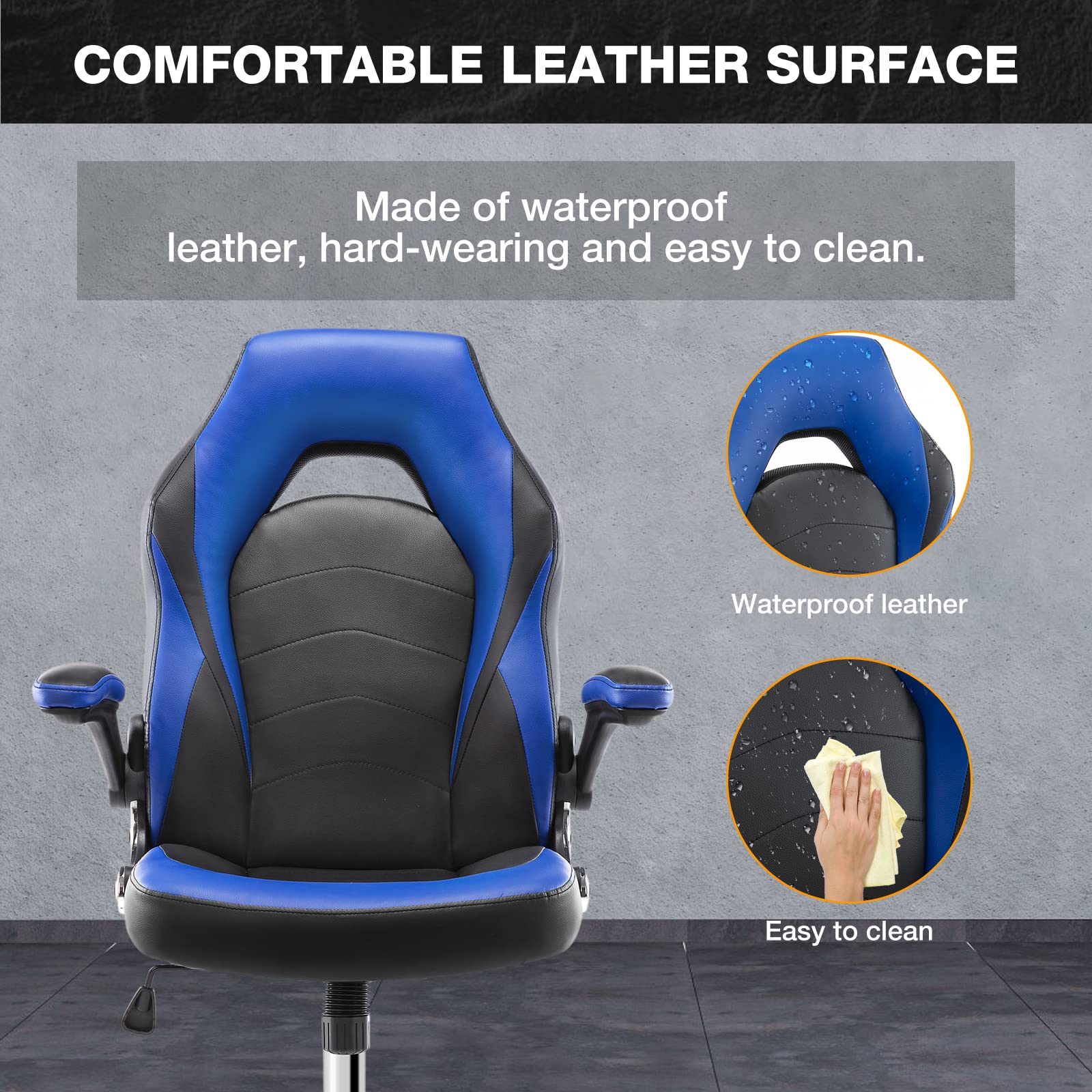 OLIXIS Ergonomic Gaming & Office Chair - Adjustable PU Leather Executive Swivel Desk Chair with Flip-Up Armrests, Lumbar Support - Perfect for Home Office, Gaming Setup, Study & Work (Grey-Blue, Model A-95blue)