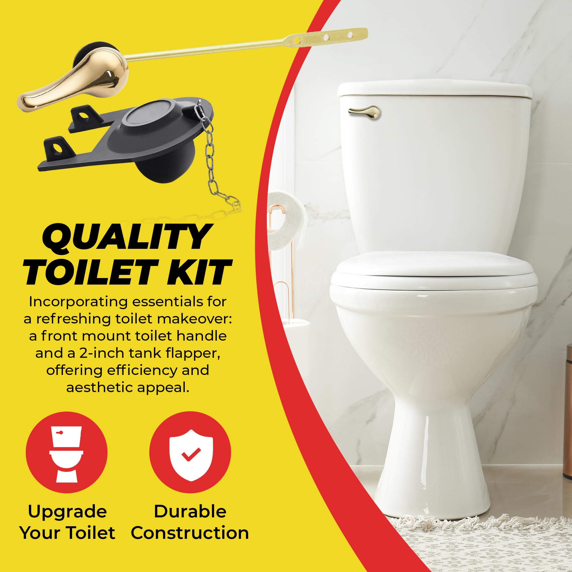 Qualihome Brass Polished Gold Toilet Handle Replacement Kit - 2 Inch Universal Toilet Flapper & Stainless Steel Chain - Perfect for Bathroom Renovation and DIY Toilet Repair
