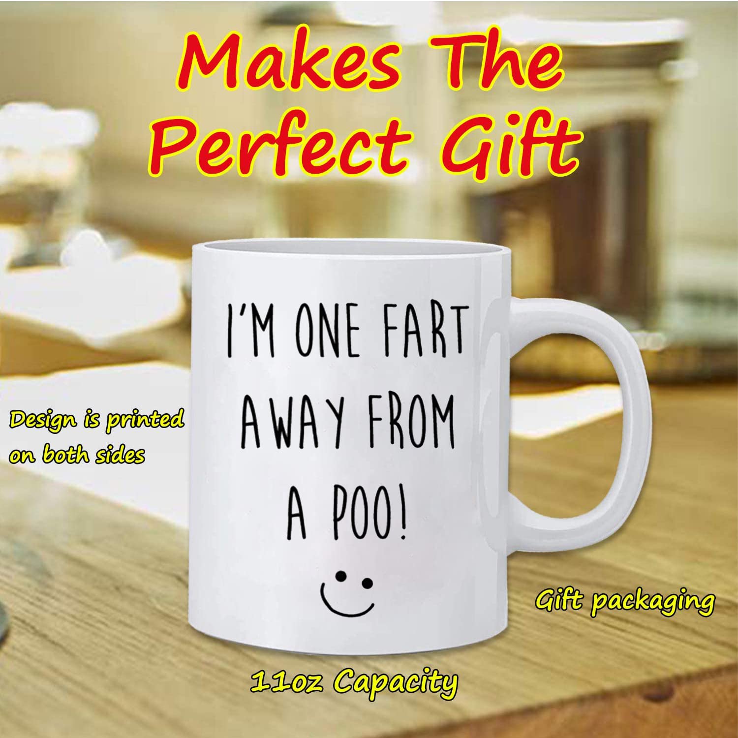 Funny Poop Coffee Mug - 'One Fart Away from a Poo' Novelty Ceramic Cup | Toilet Humor Gift for Boyfriend, Girlfriend, or Retirement | Great Christmas Present for Him or Her | Perfect for Office Pranks, Gag Gifts & Coffee Lovers