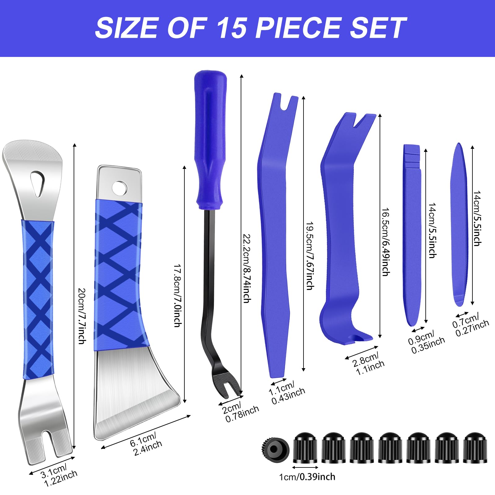 15-Piece Auto Trim Removal Tool Kit - Metal Car Pry Bar Fastener Remover Set for Door Panel, Window, Audio & Dashboard (Blue) - Perfect for DIY Car Repairs & Professional Auto Detailing