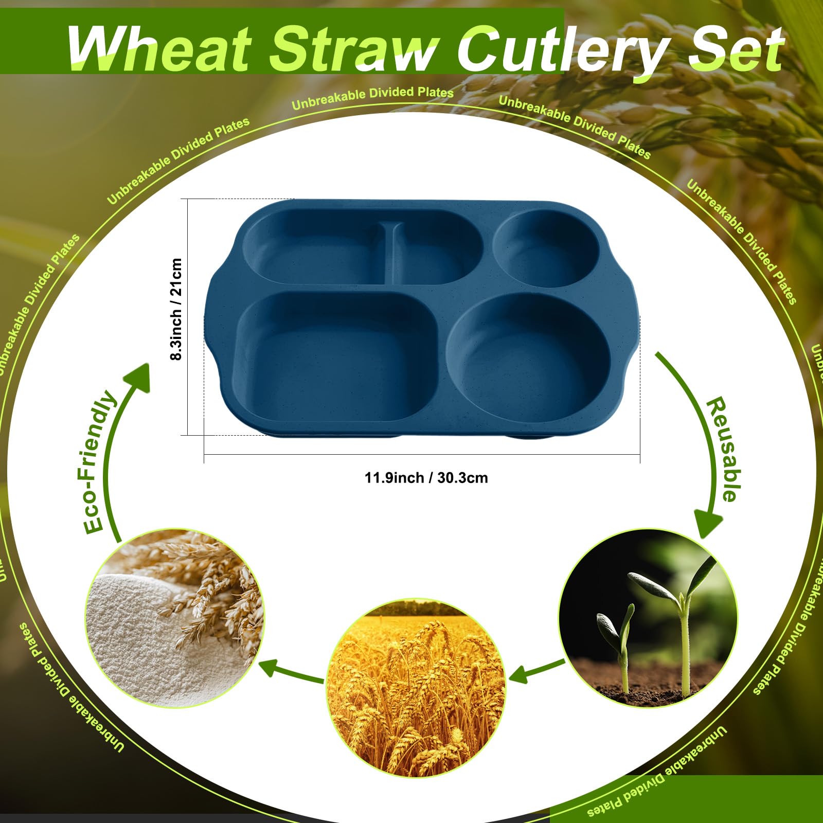 **Tanlade 8-Piece Unbreakable 12-Inch Divided Plates – 5-Compartment Wheat Straw Lunch Trays for Adults & Toddlers | Microwave & Dishwasher Safe | Retro Colors | Perfect for School, Picnics & Parties**