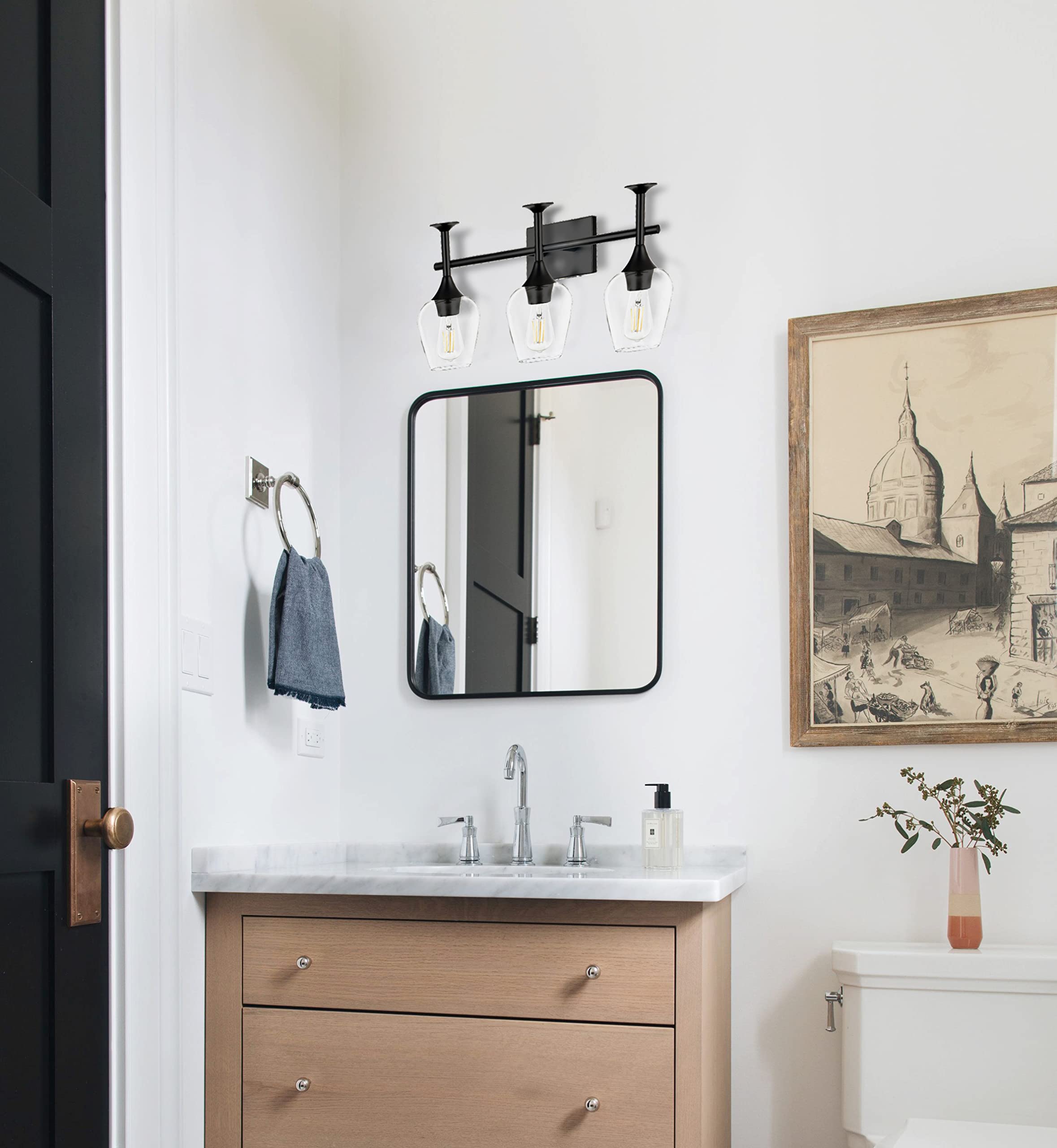 Modern Black Bathroom Wall Light Fixtures for Vanity Mirror - 3 Light Wall Sconce with Clear Glass Shade - Perfect for Bathroom, Powder Room & Dressing Room Lighting