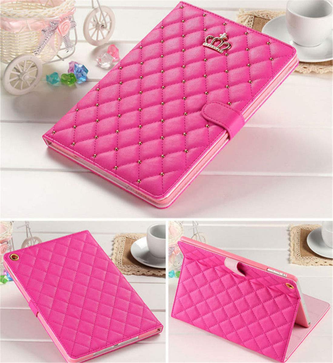 Topwin Bling Crown Design PU Leather Case for iPad 9.7 (2017/2018 5th/6th Gen) & iPad Air 2/Air - Rose Red | Elegant Shockproof Cover with Auto Sleep/Wake | Perfect for Work, School & Travel Protection