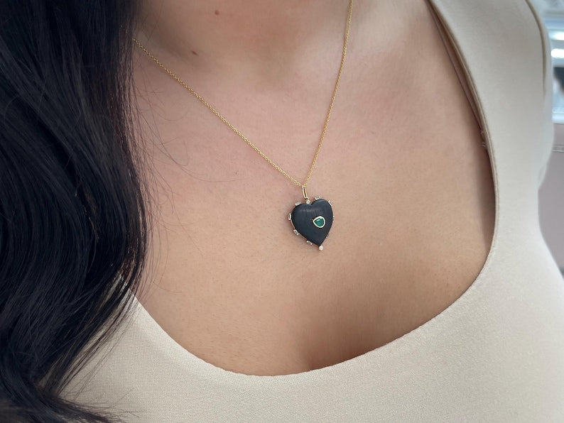 0.84tcw 14K Gold Natural Pear Cut Emerald Heart Shaped Ebony Wood Stacking Pendant - Perfect for Layering Necklaces, Gift for Her, Valentine's Day & Anniversary Jewelry