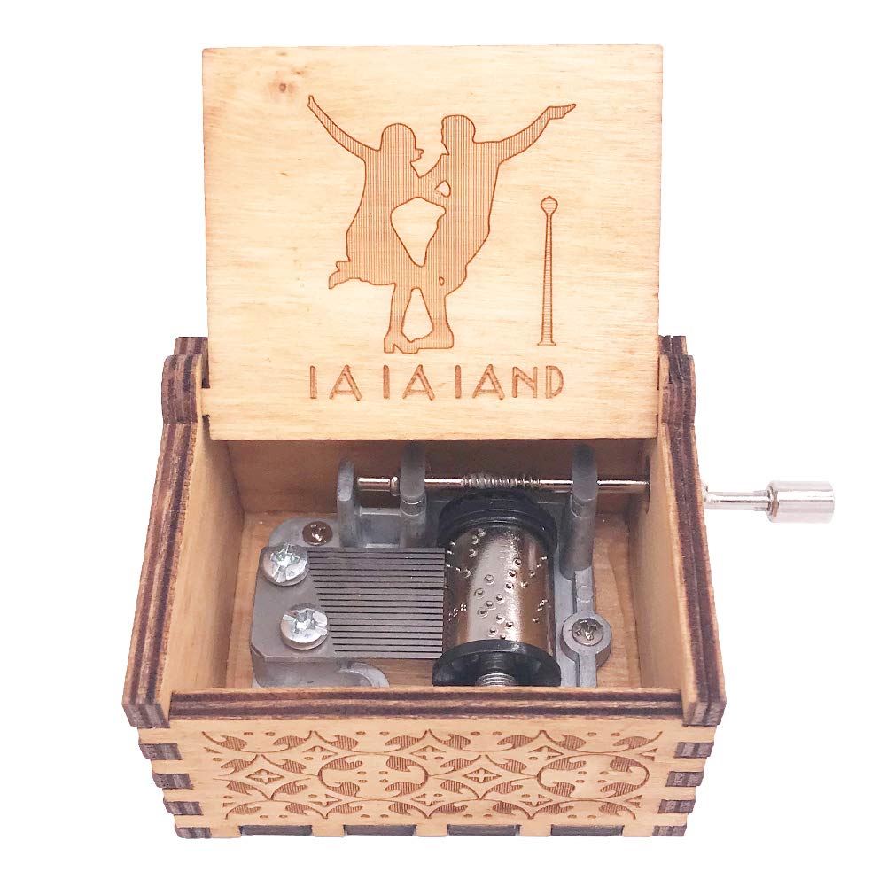 Lalaland Music Box Hand Crank - Wooden Carved Musical Box Plays Lalaland Theme Song - Brown - Perfect for Romantic Gifts, Home Decor & Movie Lovers