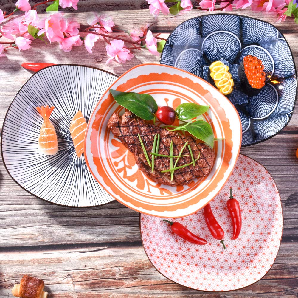 8 Inch Porcelain Dinner Plate Set of 4 - Large Japanese Style Square Ceramic Plates with Red & Black Patterns - Perfect for Appetizers, Sushi, Tapas, and Home Decor