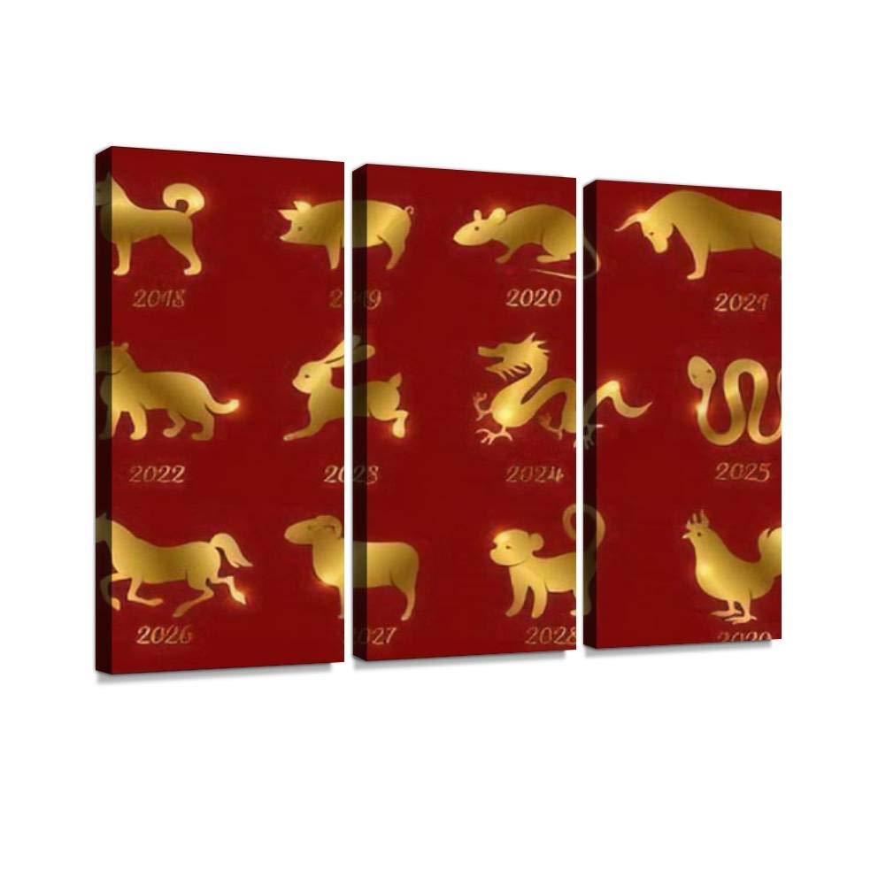 Chinese Zodiac Animals Gold Symbols Wall Art - 3 Panels Canvas Print Painting for Modern Home Decor | Perfect for Living Room, Bedroom & Office
