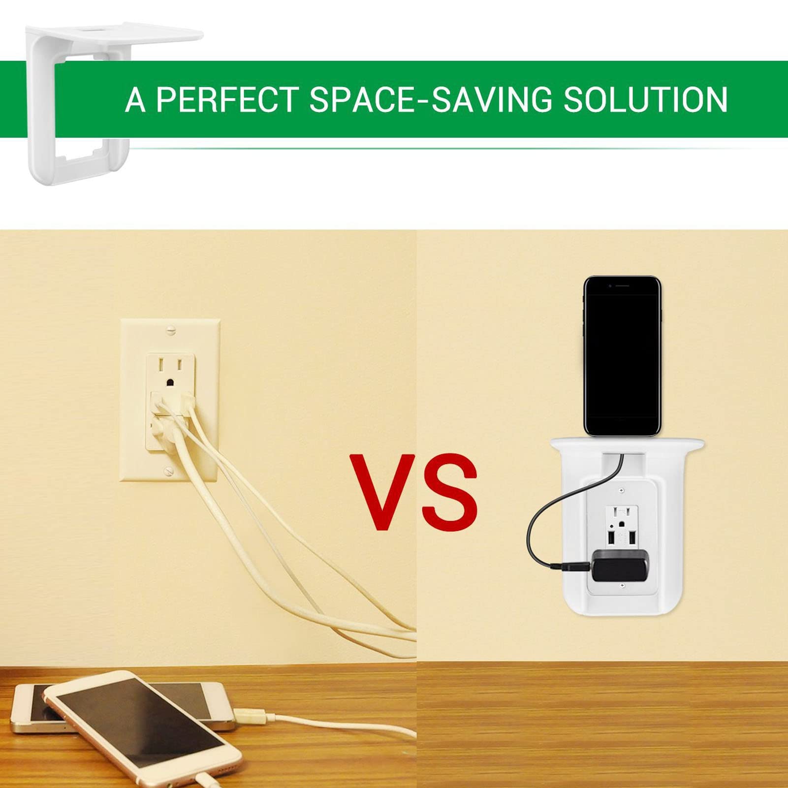 Wall Mounted Outlet Shelf - ABS Wall Shelf Organizer with Hole Design for Phone & Power Charger Holder - Perfect for Bedroom, Kitchen, Office Charging Station