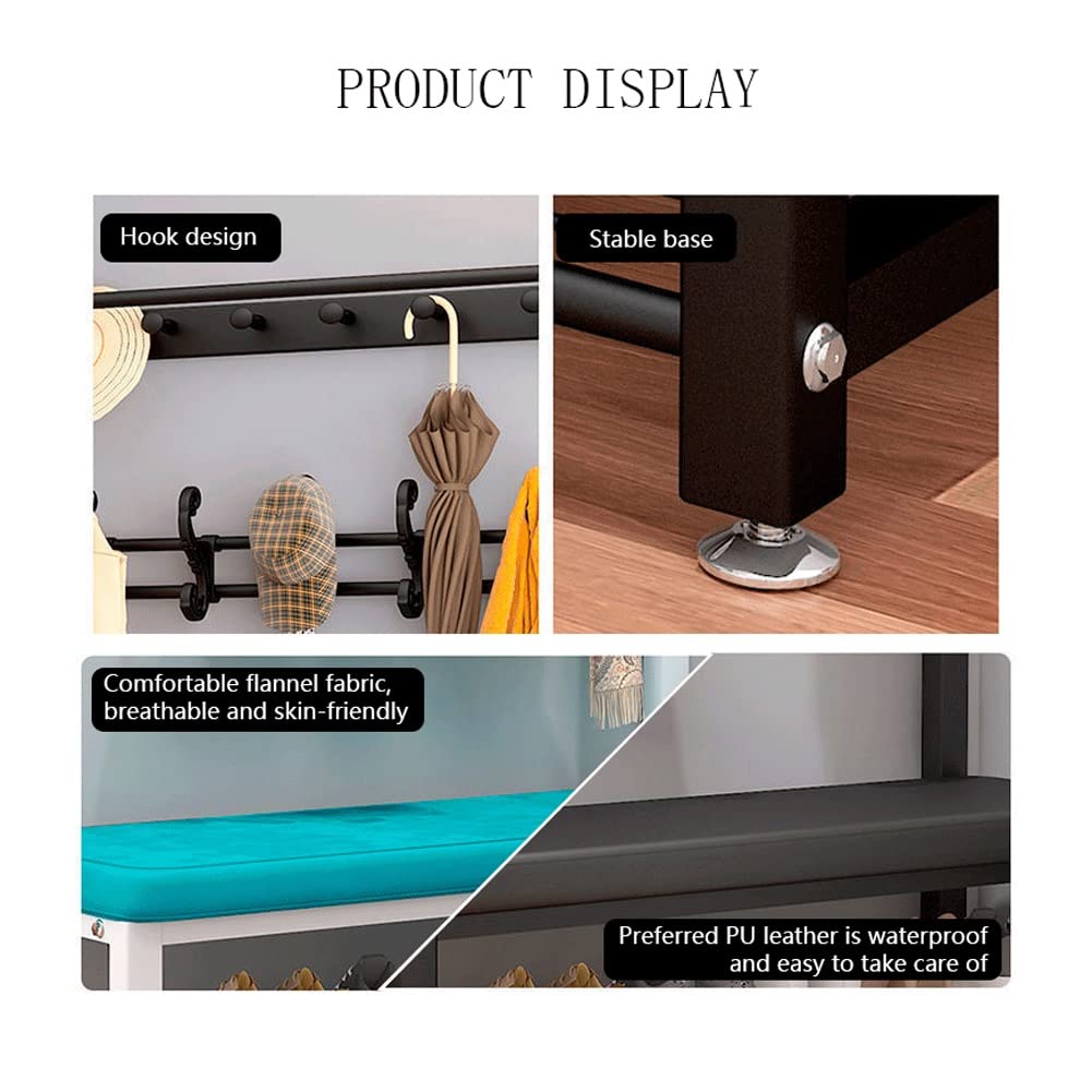Industrial Hall Tree with Hooks - 3-in-1 Entryway Coat Rack, Shoe Bench & Storage Organizer with Shelf, Metal Frame for Hallway, Bedroom, Bathroom (PU-Black, 100x33x172cm) - Perfect for Small Spaces & Home Organization