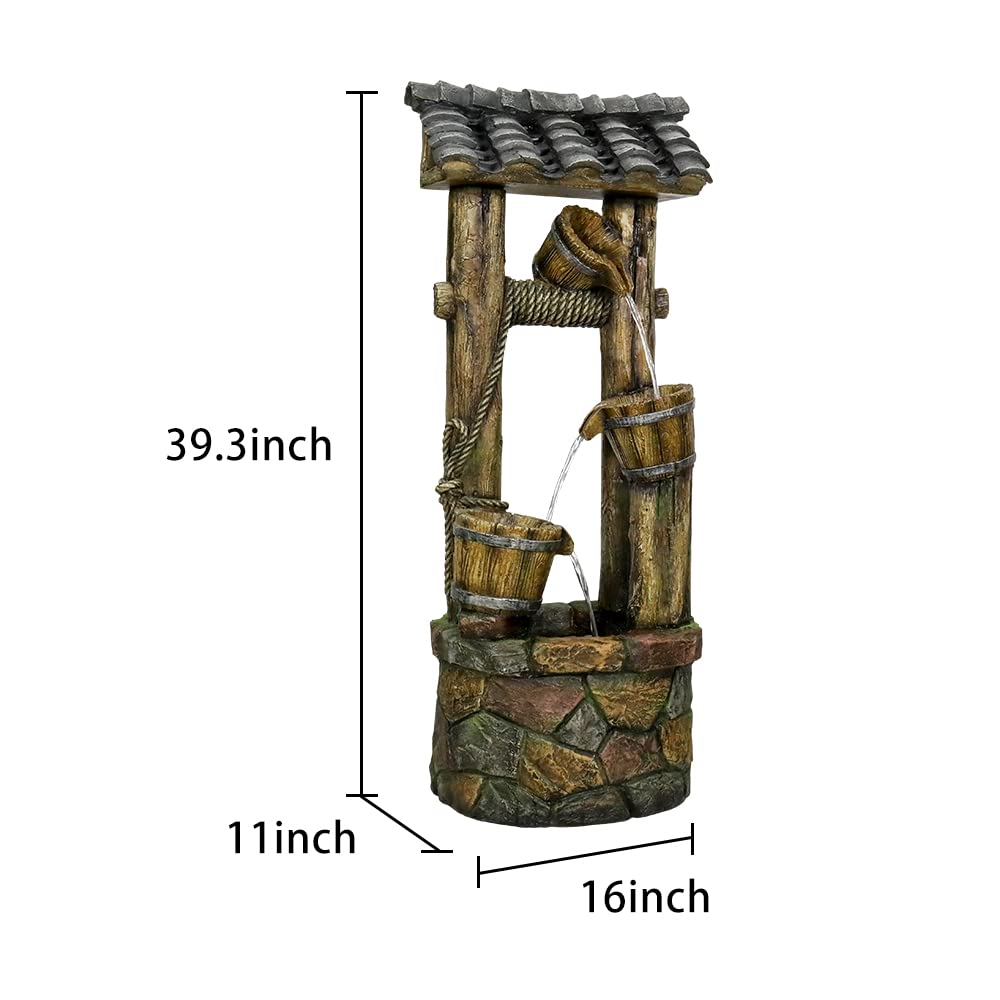 39.3 Inch Rustic Outdoor Water Fountain with Buckets, Pump & LED Lights - Wishing Well Cascading Fountain for Backyard, Patio, Garden Decor (Brown, GPF220020) | Perfect for Relaxing Outdoor Spaces and Landscape Design