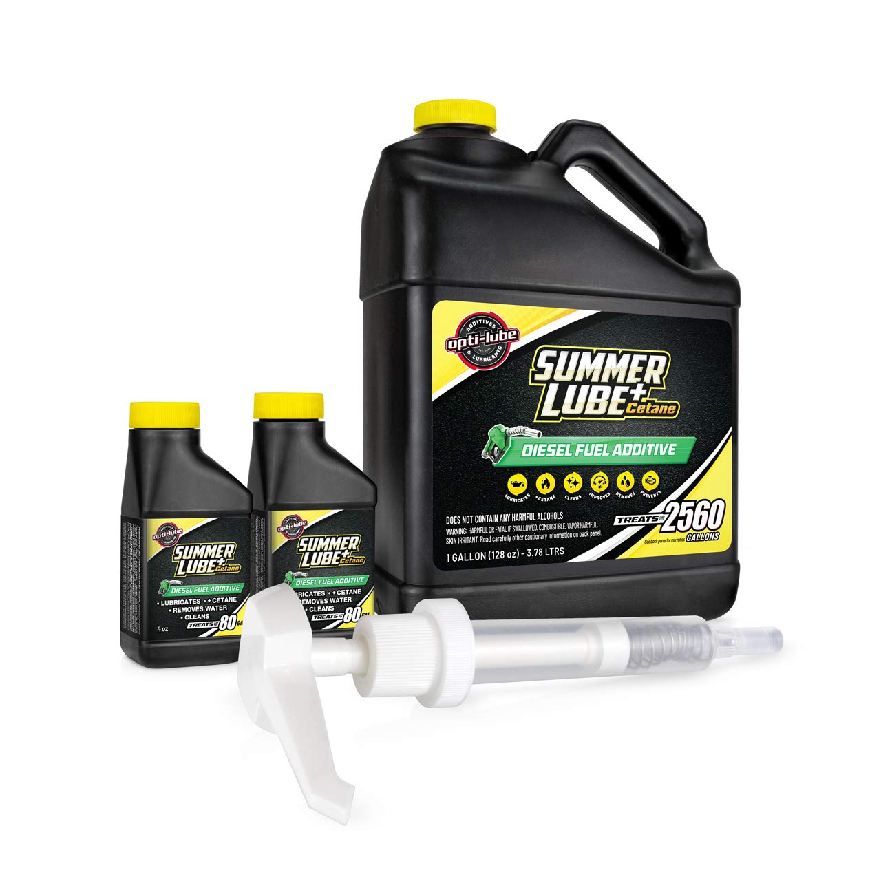 Opti-Lube Summer+ Cetane Boost Diesel Fuel Additive - 1 Gallon Bottle with Free HDPE Hand Pump & 2 Empty 4oz Bottles | Improves Engine Performance & Fuel Efficiency | Treats 2,560 Gallons | Ideal for Trucks, Heavy Equipment & Diesel Generators