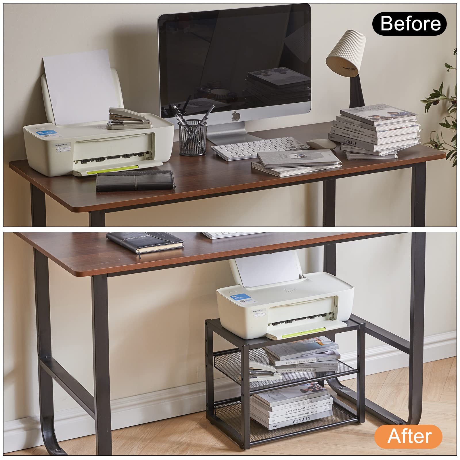 3-Tier Adjustable Desktop Printer Stand - Multi-Purpose Home Office Organizer for Printer, Fax Machine, Scanner, Files & Books - Space-Saving Black Workstation (UHPT001B) | Perfect for Small Offices, Dorm Rooms & Workspace Organization