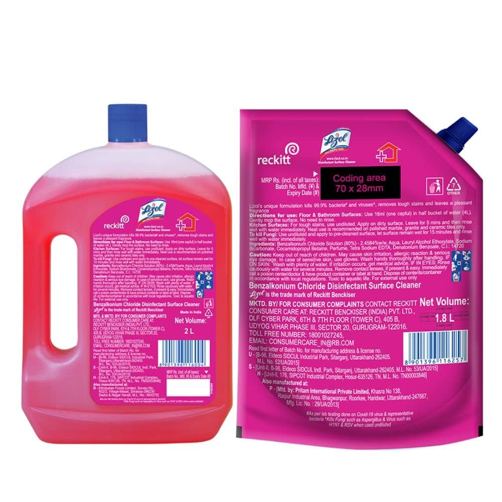 Lizol Disinfectant Surface & Floor Cleaner Liquid Combo Pack - Floral Scent (2L + 1800ml Refill) | Kills 99.9% Germs & Bacteria | India's #1 Floor Cleaner | Ideal for Kitchen, Bathroom & High-Traffic Areas