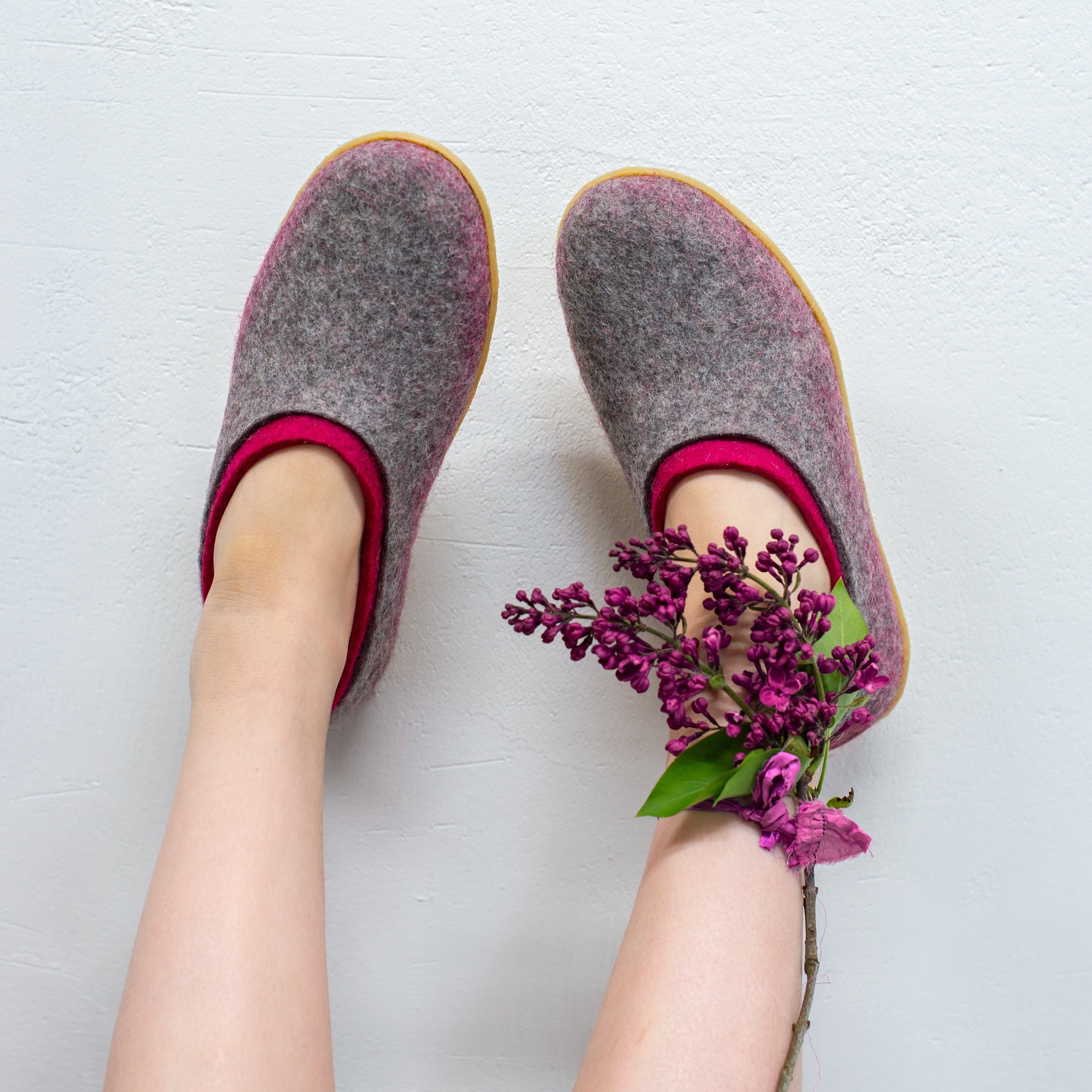 Cozy Gray Felted Wool Slippers with Soft Purple Inner Lining - Warm House Shoes for Women - Perfect for Winter Comfort, Lounge Wear & Gift Giving