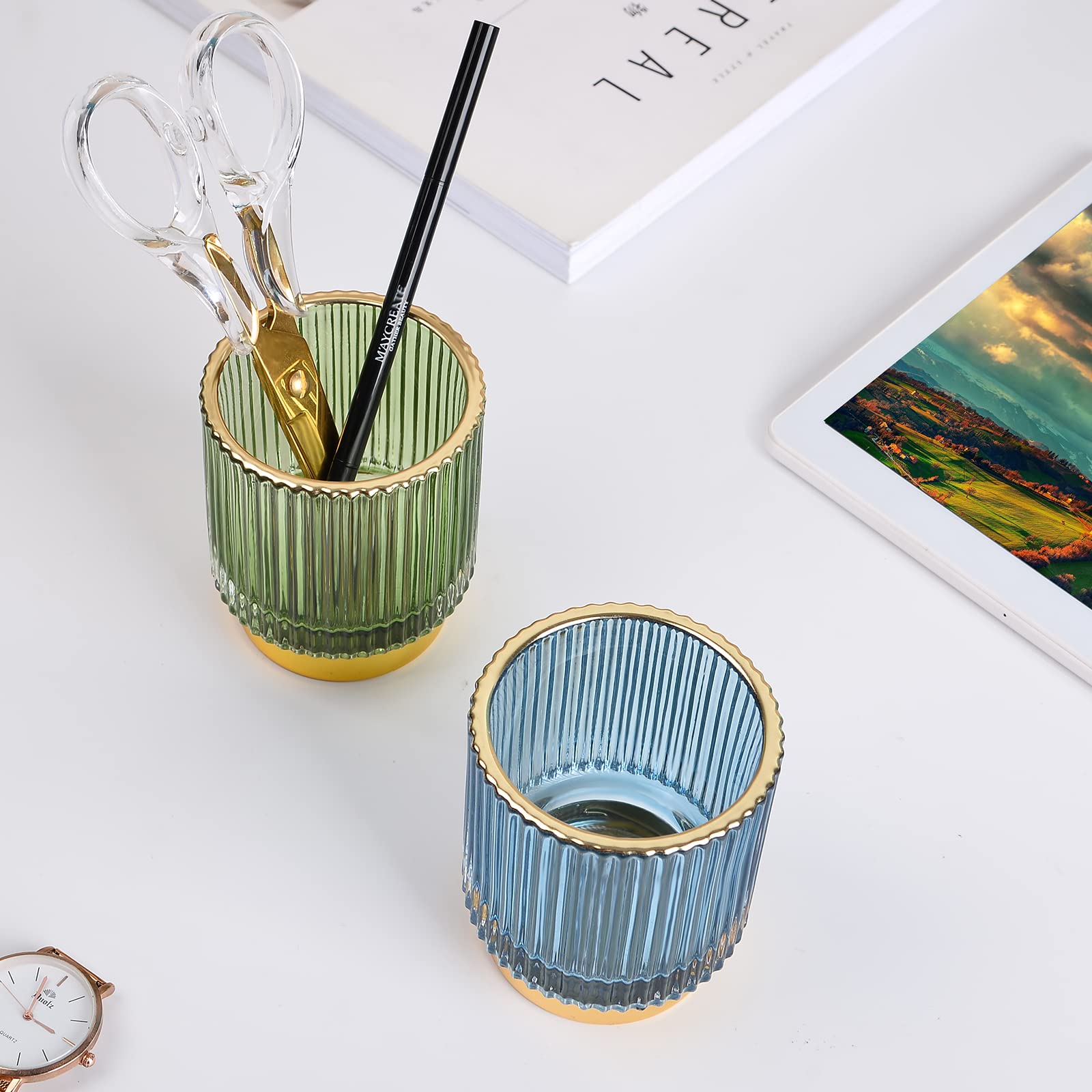 CANITORON 2 Pack Glass Makeup Brush Holder & Organizer - Cosmetic Brush, Paint Brush, Pen, Pencil Storage Cup for Bathroom Counter, Dresser, Vanity Table - Perfect for Makeup Artists & Home Organization (Green, Small+Large)