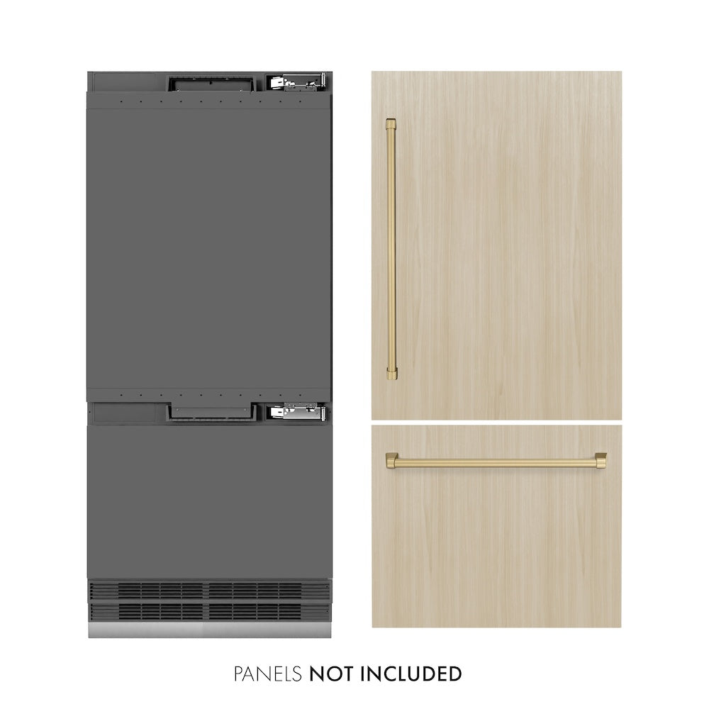 ZLINE Autograph Edition 36 Inch Built-In Bottom Freezer Refrigerator - 19.8 cu. ft. Panel Ready with Ice Maker & Water Dispenser, Graphite Gray Interior & Champagne Bronze Accents (GRBITZ 36 CB) - Perfect for Modern Kitchens, Open Concept Homes & Luxury Appliances Collection