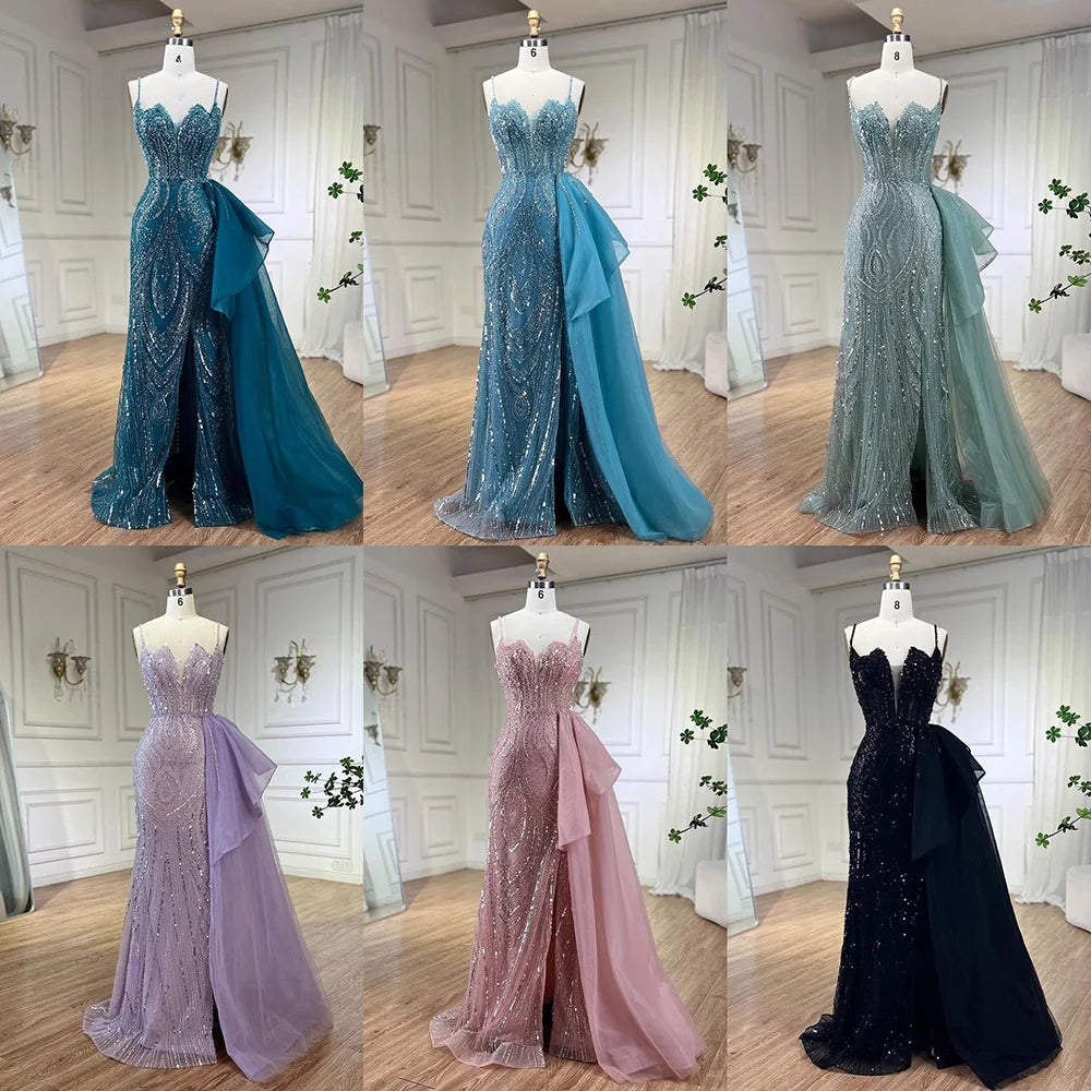 Elegant Sage Green Spaghetti Strap Mermaid Evening Dress with Detachable Overskirt LA72378 - Perfect for Prom, Wedding Guest & Formal Events
