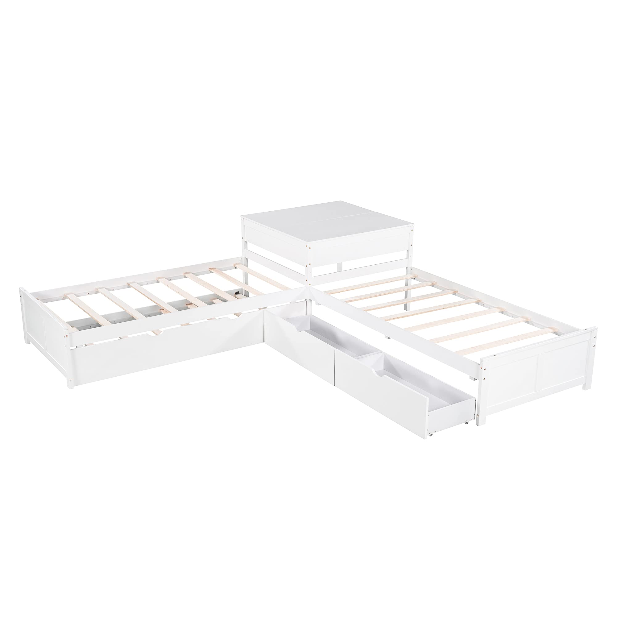 L-Shaped Wooden Twin Bed Frame with Desk & Storage Drawers - 3-in-1 Convertible Platform Bed with Trundle for Kids - Space-Saving Study & Sleep Solution for Small Bedrooms - White